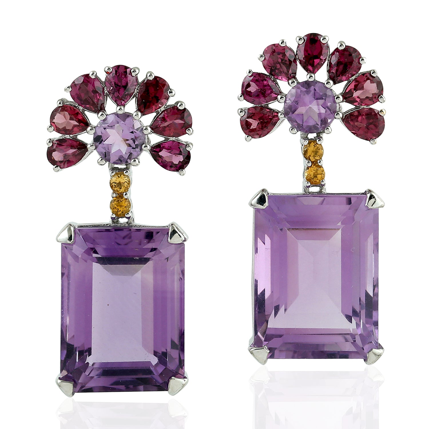 18K White Gold Amethyst Pear Rhodolite Citrine Gemstone Dangle Earrings for Women - Perfect for Weddings, Parties & Special Occasions