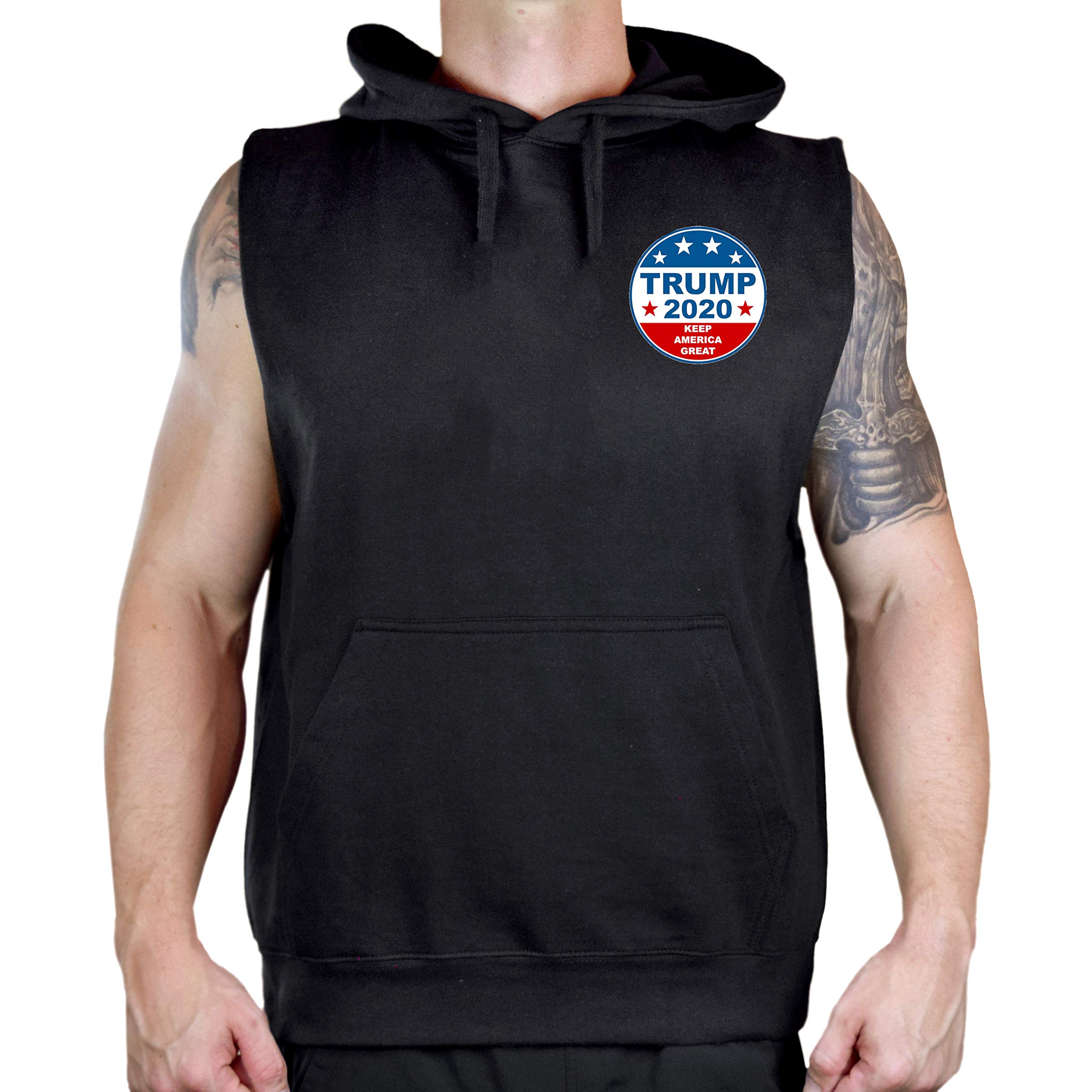Koyotee Men's Sleeveless Hoodie Vest - Patriotic Trump 2020 Design, Black Athletic Tank Top for Gym, Running & Outdoor Activities