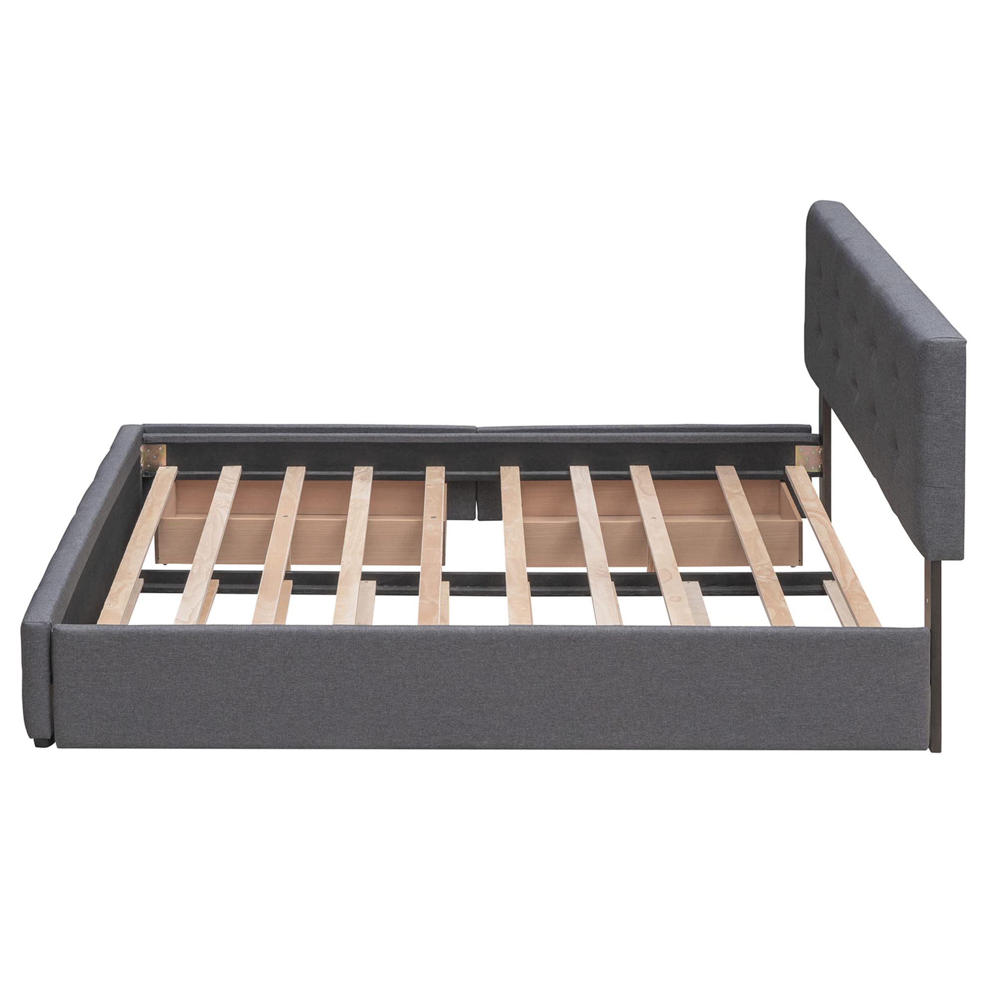 P PURLOVE Queen Size Upholstered Platform Bed Frame with Tufted Headboard & 2 Storage Drawers - No Box Spring Needed, Dark Gray Linen Fabric - Perfect for Small Bedrooms, Guest Rooms & Modern Apartments