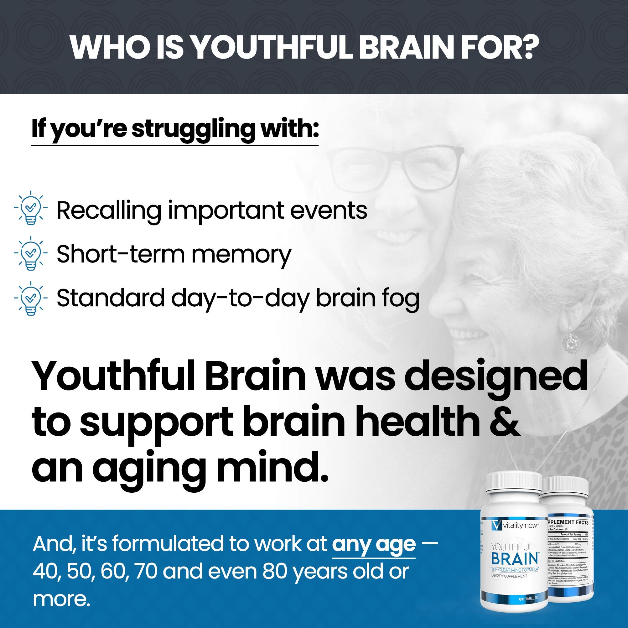Youthful Brain Memory & Focus Supplement - 4 Bottle Bundle (240 Count) with Bacopa Monnieri, Ginkgo Biloba & Vitamin B12 - Brain Health Support for Adults - 120-Day Supply - Enhance Concentration for Work, Study & Daily Tasks