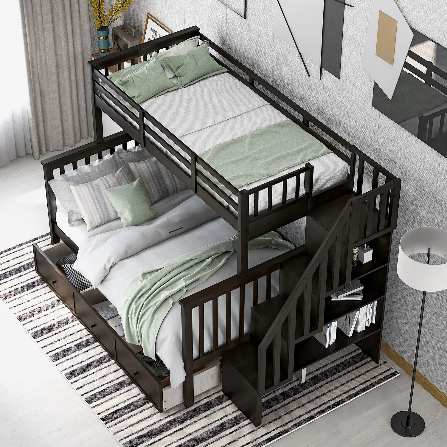MERITLINE Twin Over Full Bunk Bed with Stairs - Solid Wood Bunk Bed Frame with Storage Drawers & Shelves, No Box Spring Required (Espresso Finish) - Perfect for Kids' Bedrooms, Guest Rooms & Space-Saving Solutions
