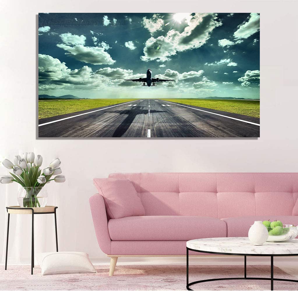 Plane Takeoff Landscape Canvas Wall Art - Framed Aviation Painting for Home, Office & Bedroom Decor - Ready to Hang - Perfect for Travel Enthusiasts & Pilot Gifts