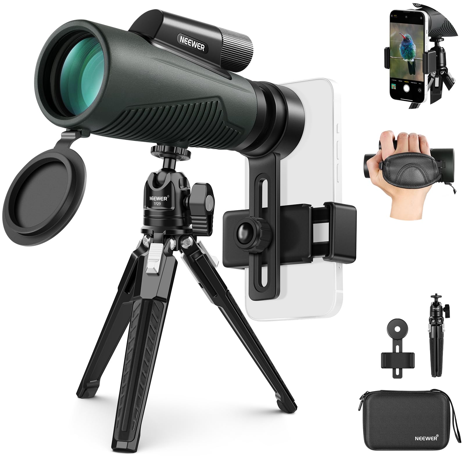 NEEWER 12x50 ED Monocular Telescope with Phone Adapter, Metal Tripod & Carrying Case - IPX7 Waterproof, Fogproof, Shockproof - SMC BAK-4 Prism for Smartphone Digiscoping - Perfect for Bird Watching, Hunting, Camping, Hiking & Stargazing