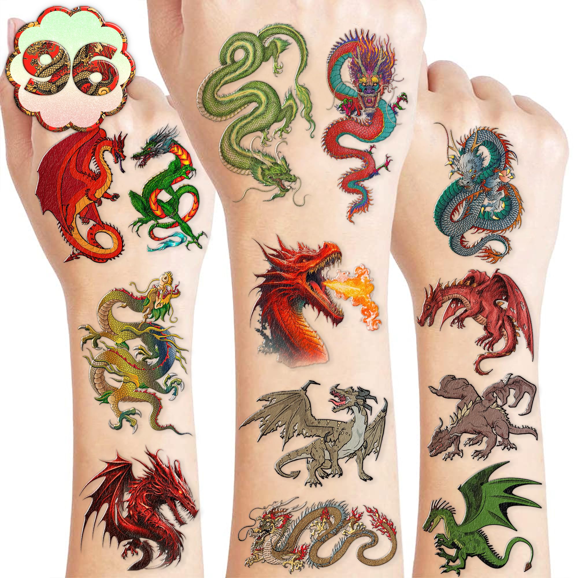 Dragon Temporary Tattoos 96PCS - Fake Body Art Stickers for Kids, Boys & Girls - Perfect for Birthday Parties, Halloween Costumes, Classroom Rewards & Knight Themed Decorations - Cute Dragon Design Favors & Gifts for School Events