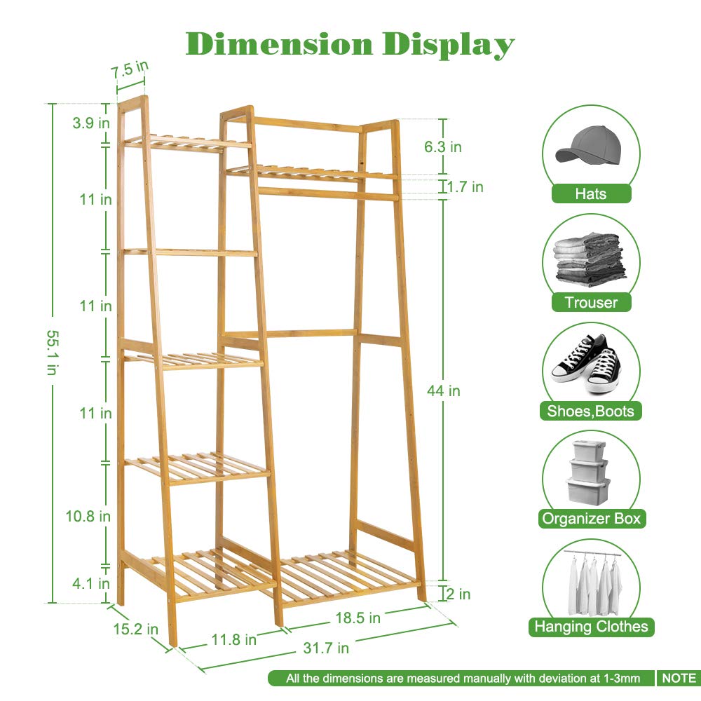 Bamboo Wooden Clothes Rack with Shelves - Space Saving Free Standing Garment Organizer for Kids & Small Spaces | Ladder Design for Corner Placement | Perfect for Bedroom, Nursery & Closet Organization