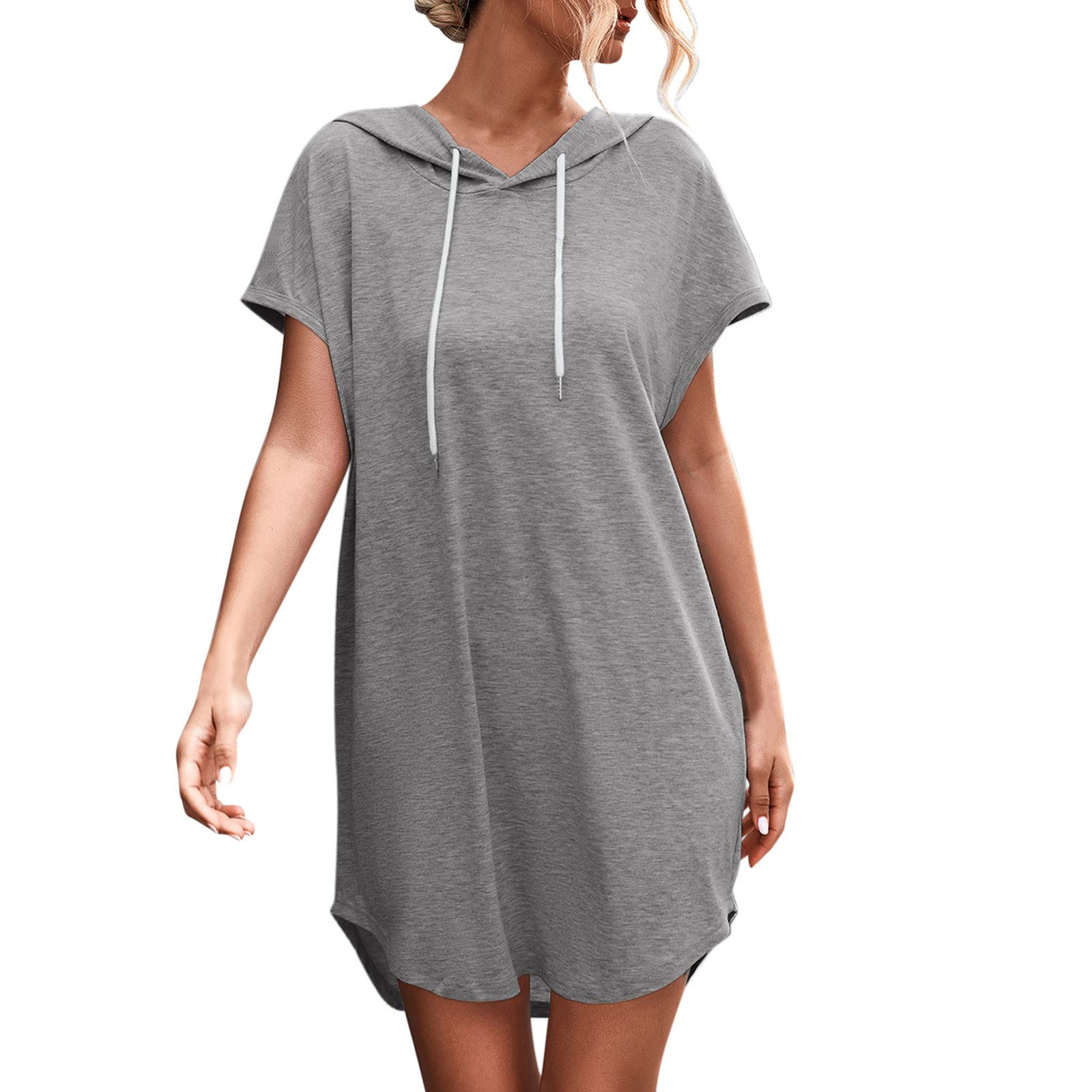 UYTOGOFE Women's Summer Casual Dress - Short Sleeve Drawstring Solid Color Hooded Long Dress for Beach, Vacation & Outdoor Activities