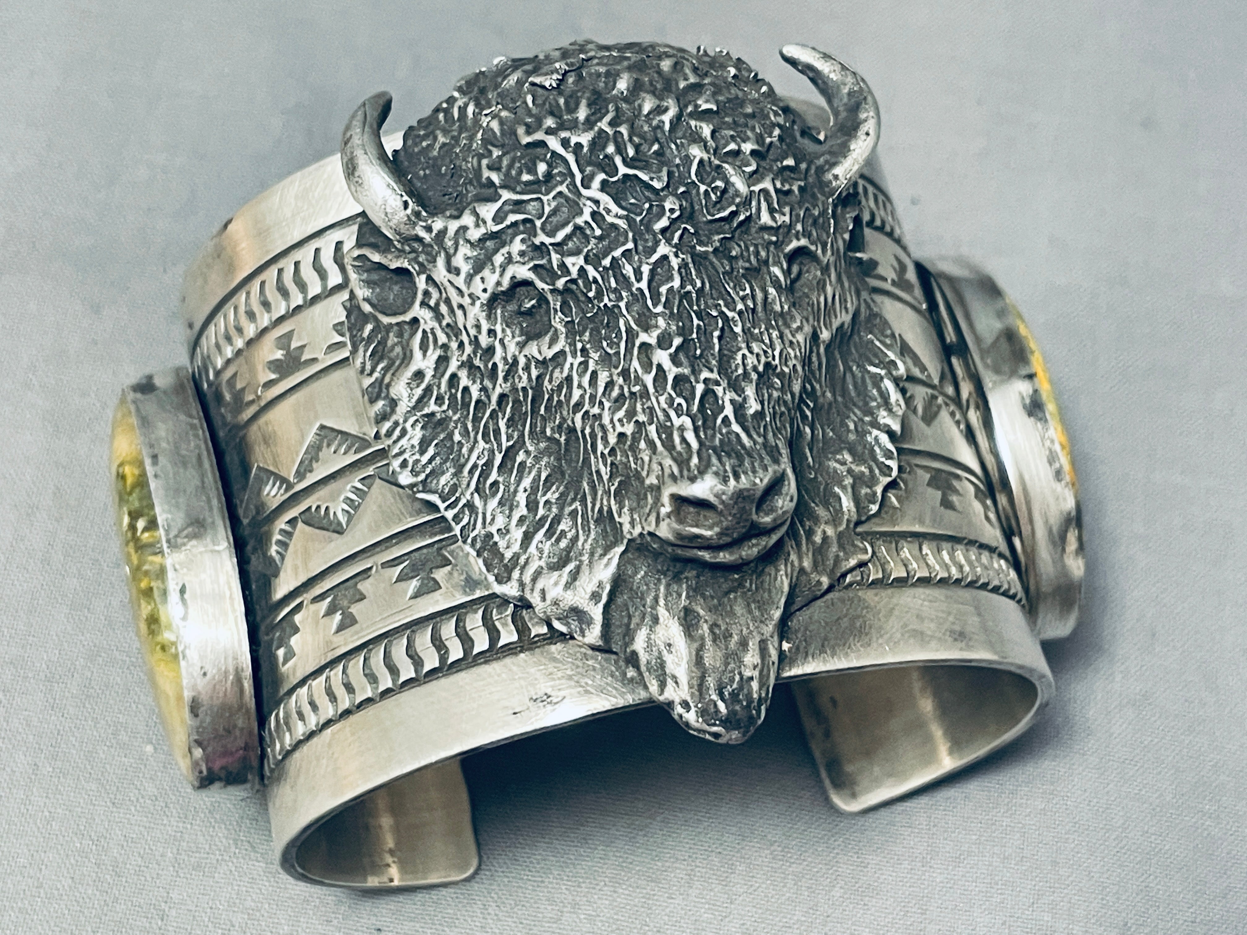 202 Grams Native American Bison Yellow Jasper Sterling Silver Bracelet - Handmade Spiritual Jewelry for Women, Men - Perfect for Meditation, Healing & Boho Fashion