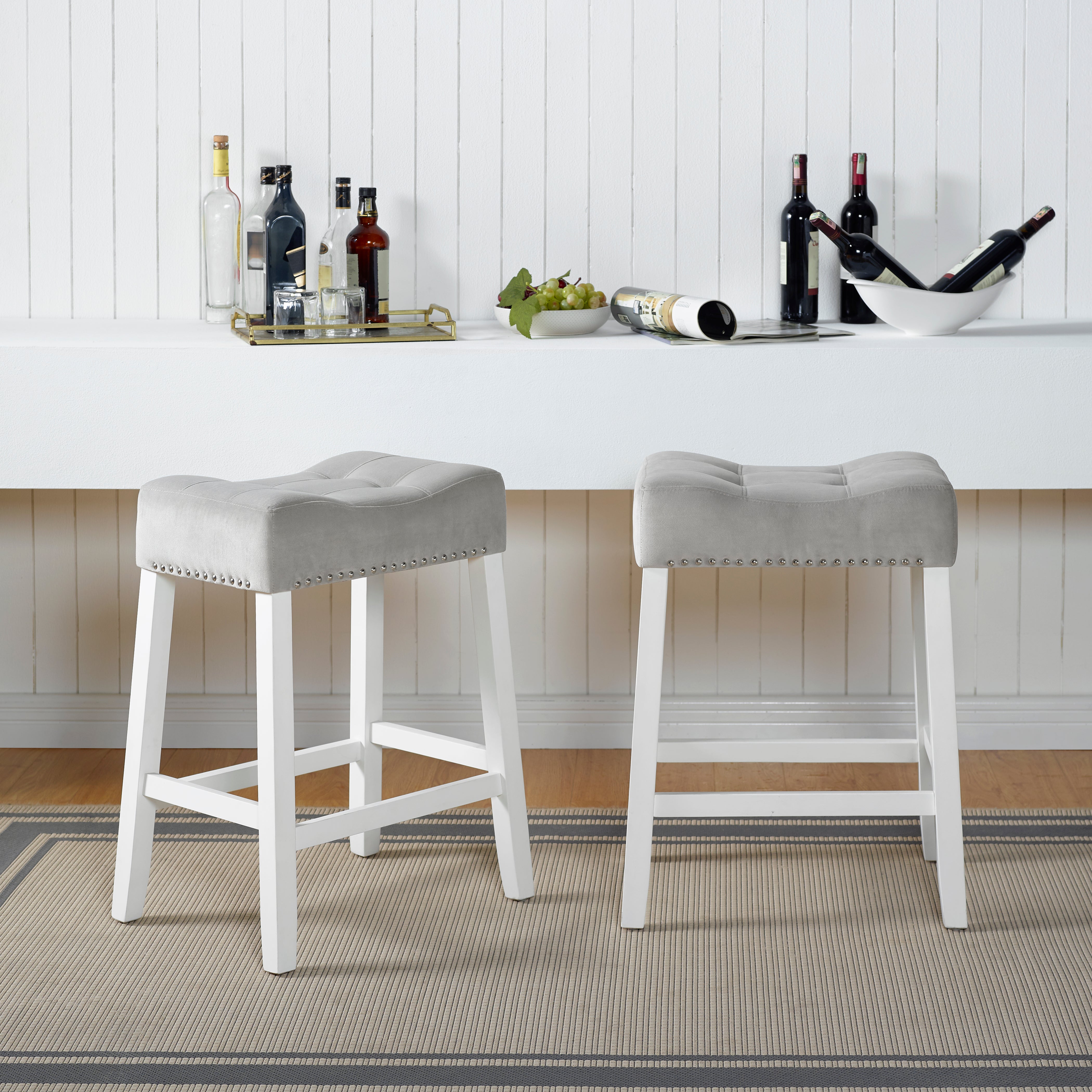 Roundhill Furniture Morovo Set of 2 Velvet Counter Height Bar Stools with Tufted Saddle Seats - White Wash Finish & Gray Upholstery - Perfect for Kitchen Islands, Breakfast Bars & Home Decor