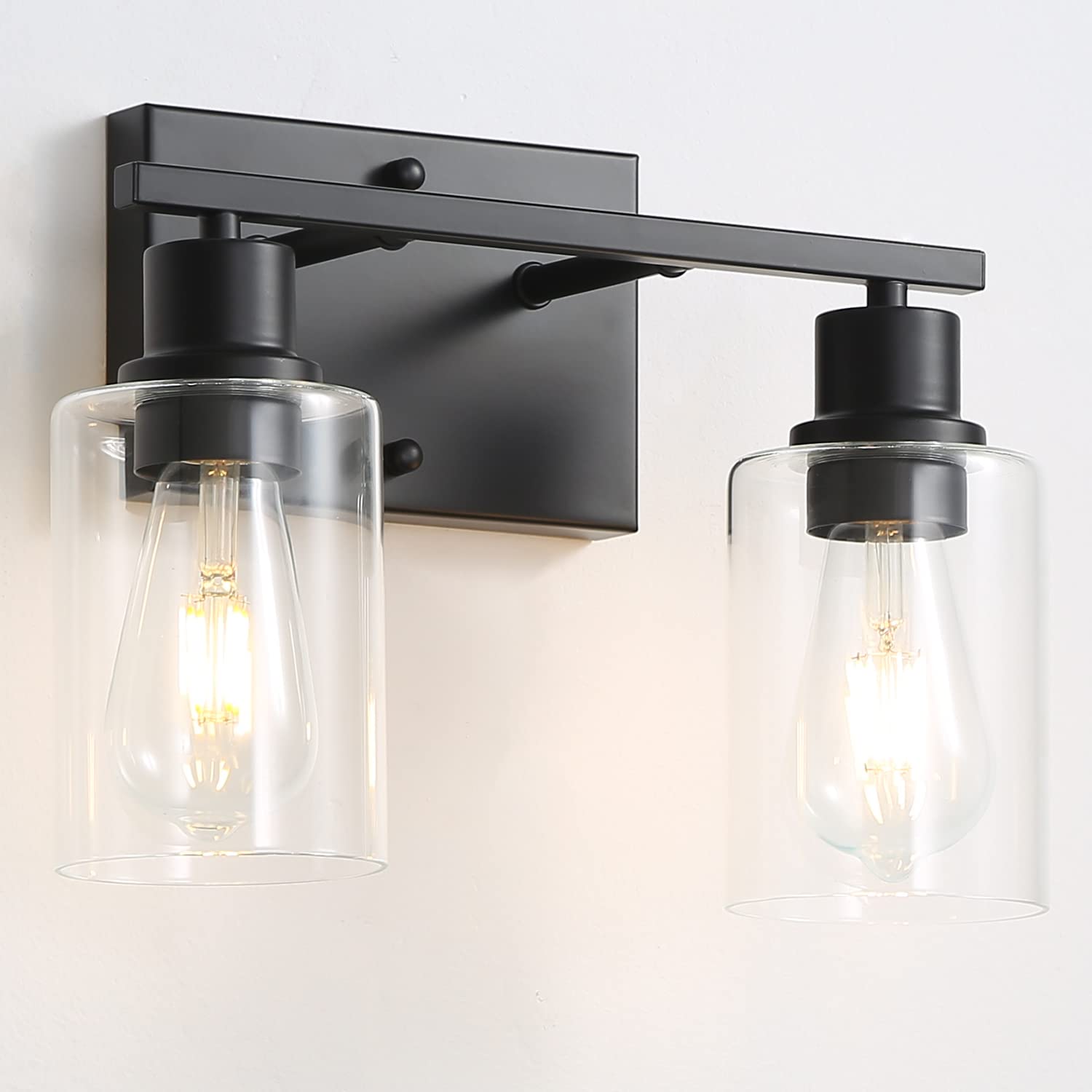 Modern Matte Black Bathroom Vanity Light Fixture - 2-Light Wall Sconce with Clear Glass Shade for Bathroom, Hallway, Farmhouse Bedroom & Living Room - Waterproof & Dimmable Lighting for Home Decor