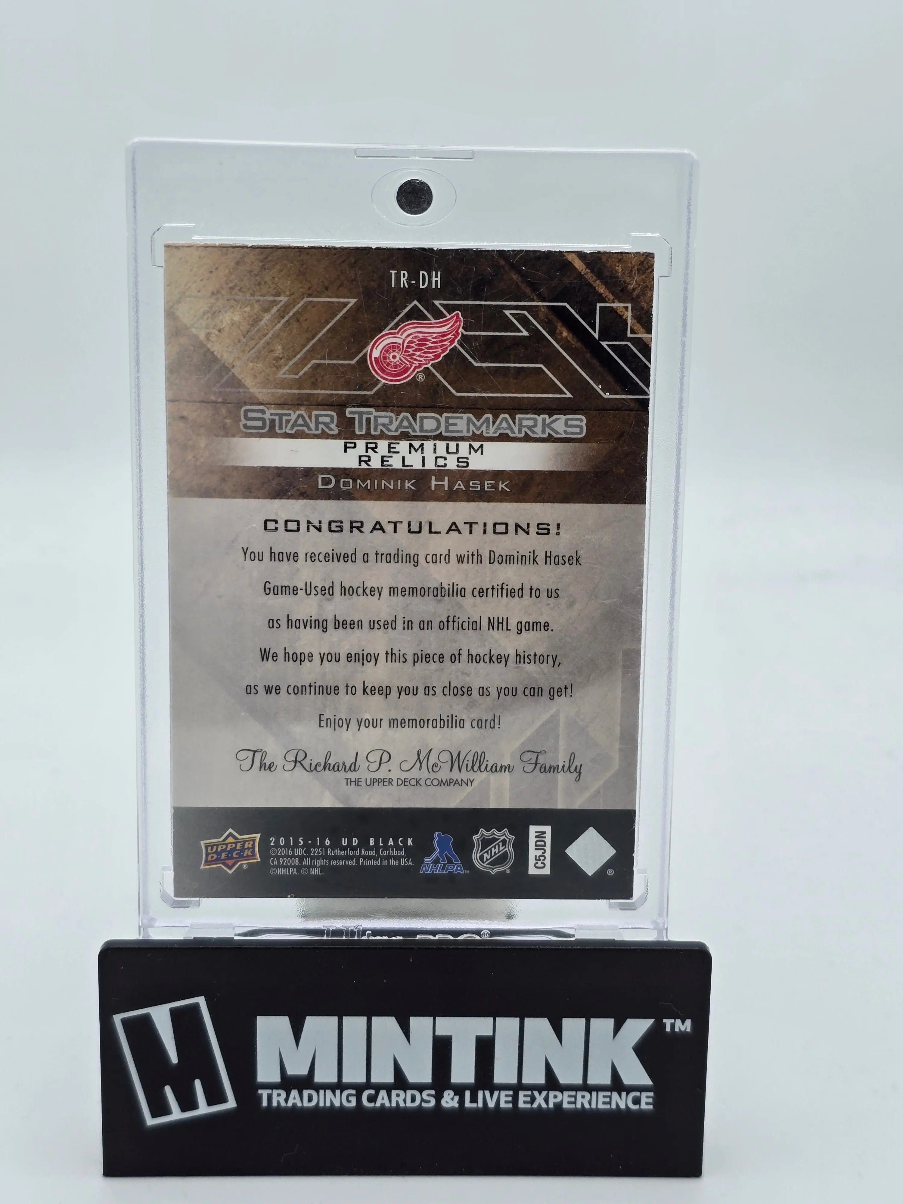 2015-16 Upper Deck Black Dominik Hasek Star Tandems Premium Relics Hockey Card 1/5 - Rare Collectible for NHL Fans & Sports Memorabilia Enthusiasts