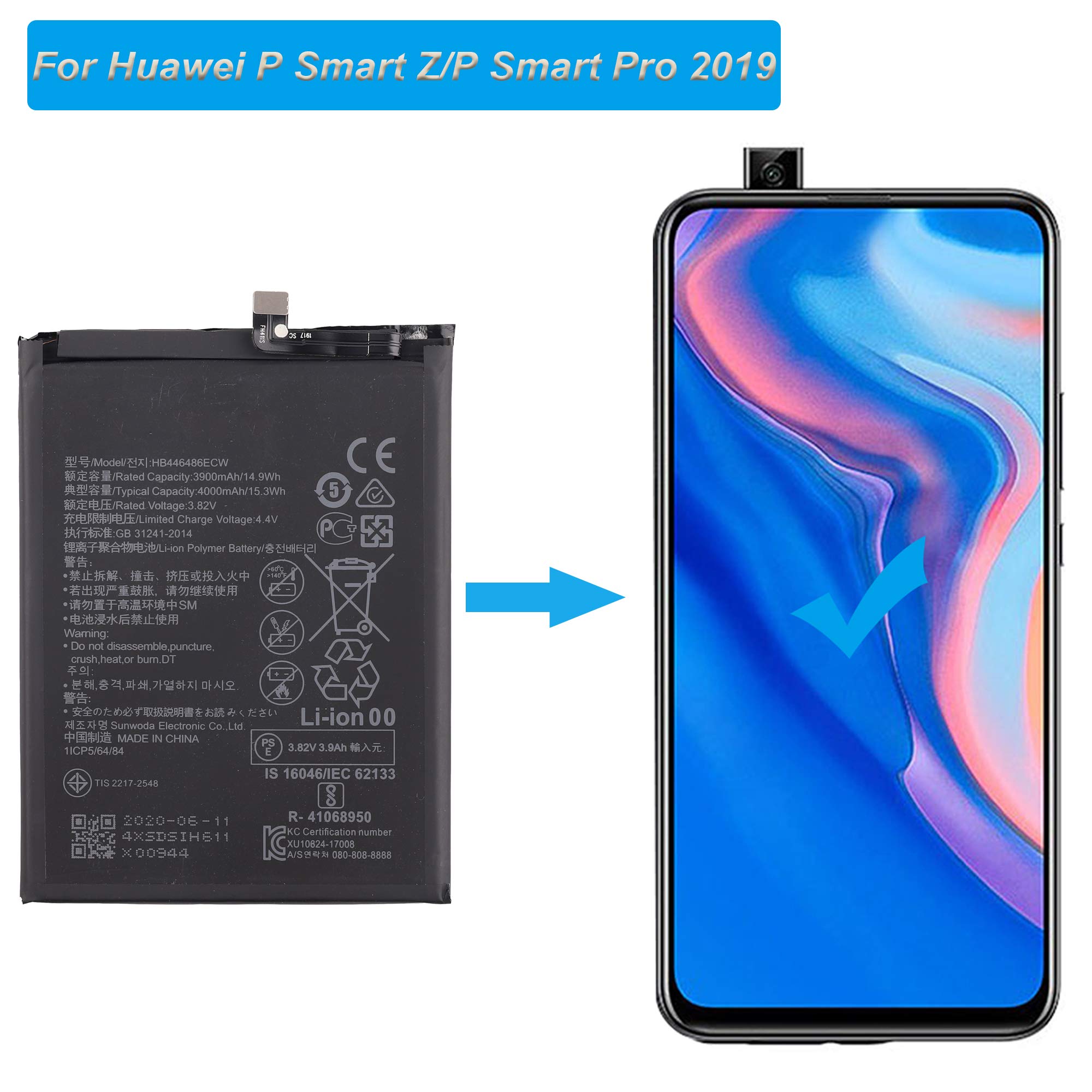 Original Huawei P Smart Z/P Smart Pro 2019 STK-L21 Replacement Battery HB446486ECW Kit with Tools - Long-Lasting Power for Gaming, Streaming & Daily Use