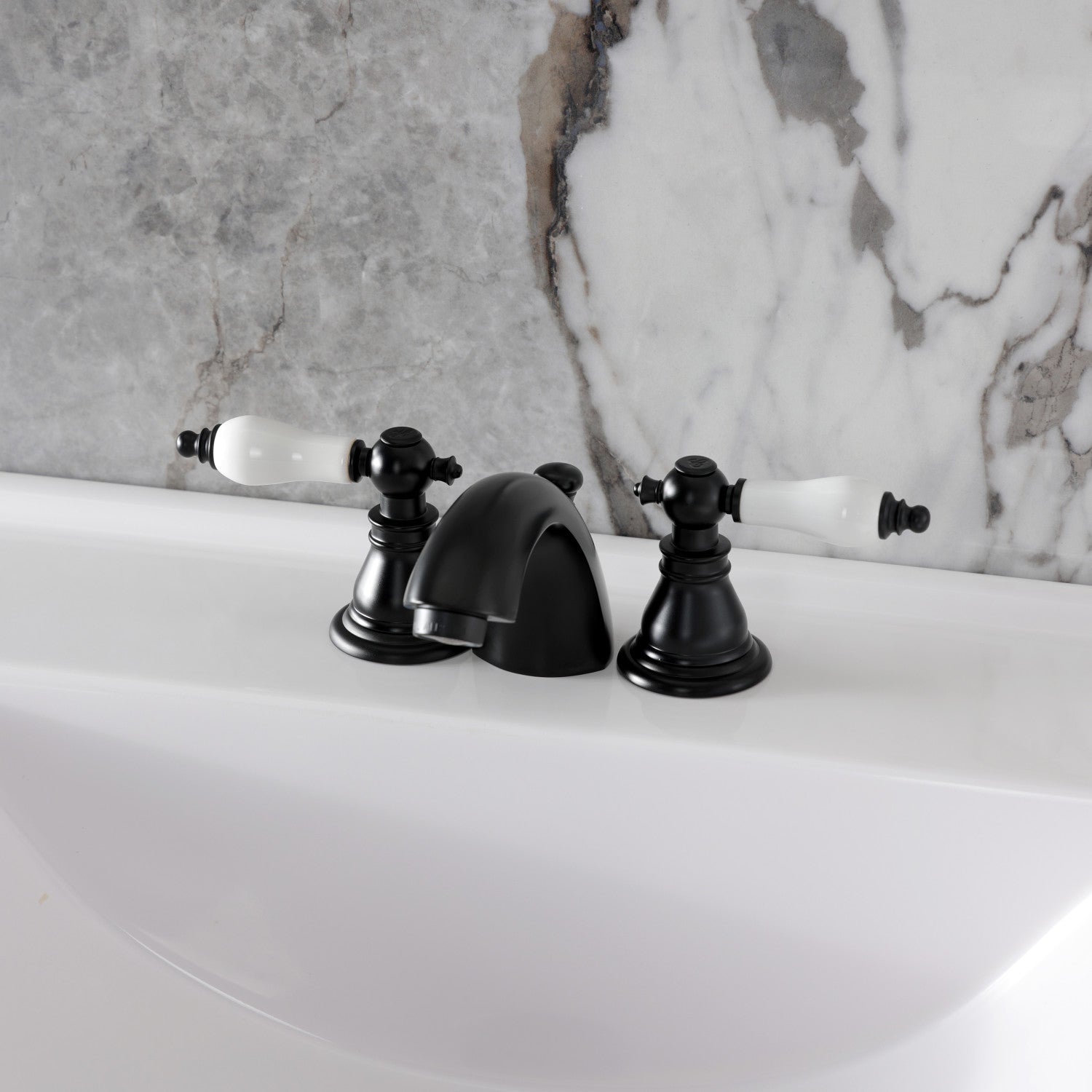 American Patriot KB950APL Matte Black Two-Handle 3-Hole Mini Widespread Bathroom Faucet with Pop-Up Drain - Perfect for Modern Vanities and Small Bathroom Spaces