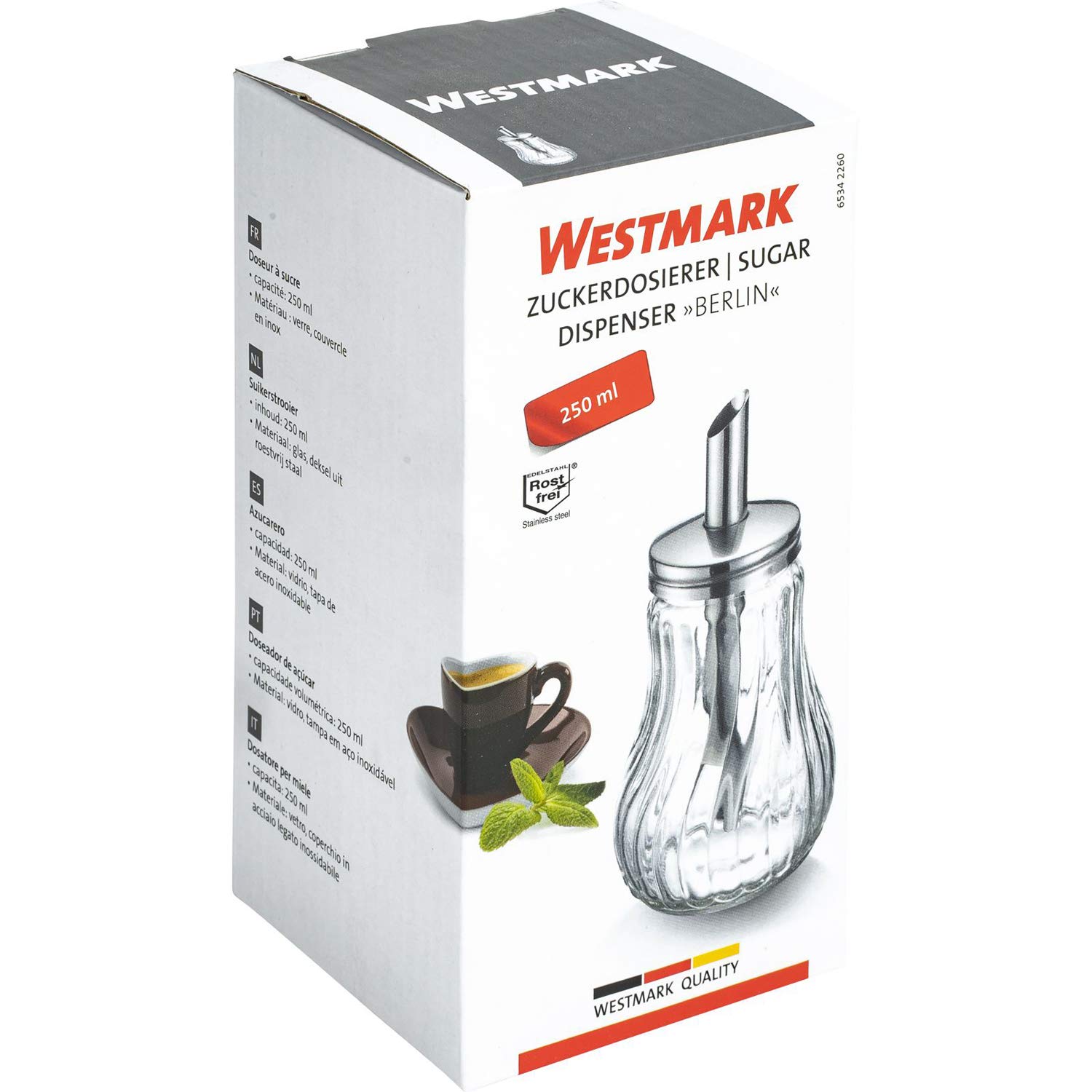 Westmark Sugar Dispenser Berlin - 250 mL/8.5 oz Glass Sugar Jar with Lid - Perfect for Coffee, Tea & Baking - Kitchen Countertop Storage for Granulated Sugar, Salt & Spices
