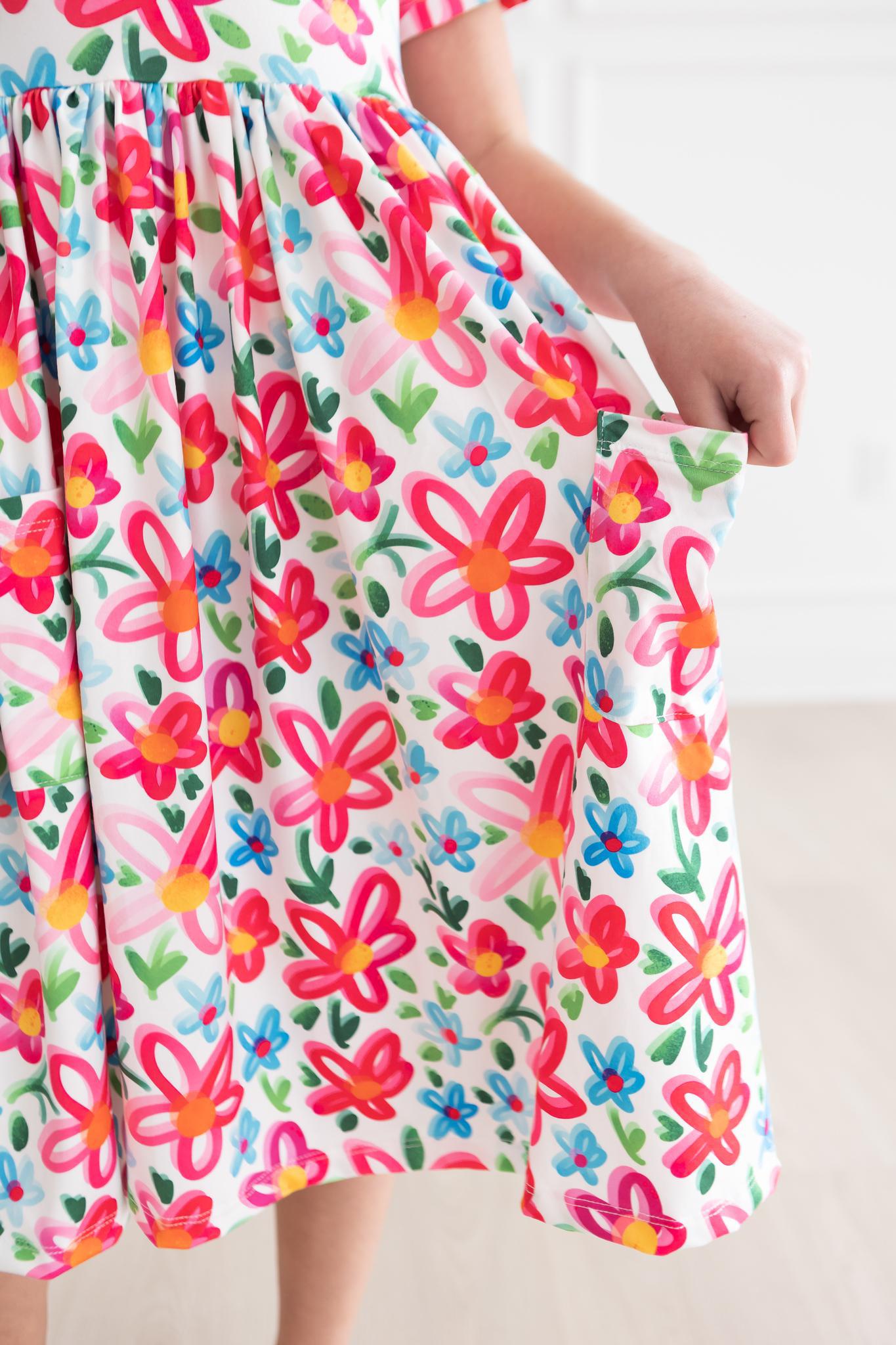 Neon Floral Short Sleeve Pocket Twirl Dress for Women - Perfect for Summer Parties, Beach Vacations & Casual Outings