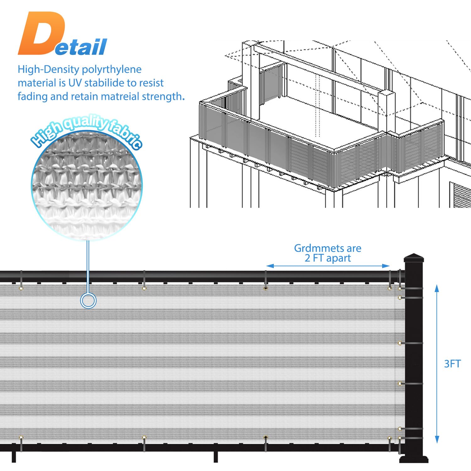 TANG 3' x 198' Gray White Stripe Balcony Privacy Screen Fence - 200GSM Weather Resistant Outdoor Deck Fence for Patio, Apartment, Porch & Backyard - Perfect for Creating Private Outdoor Spaces & Enhancing Home Aesthetics