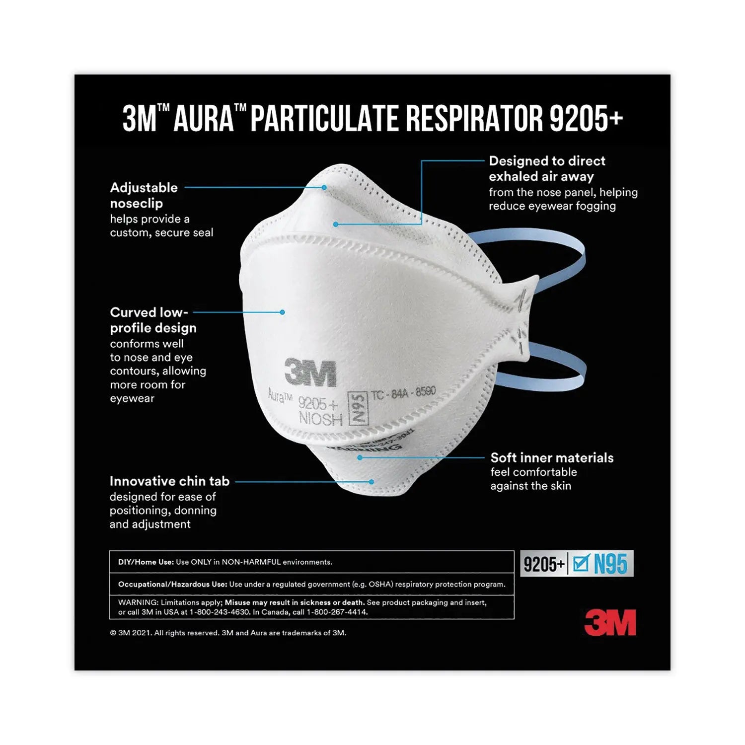 3M™ Aura Particulate Respirator 9205+ N95 Mask - One Size Fits Most - 20 Pack - Dust, Pollen & Air Pollution Protection for Construction, Woodworking & Healthcare Workers