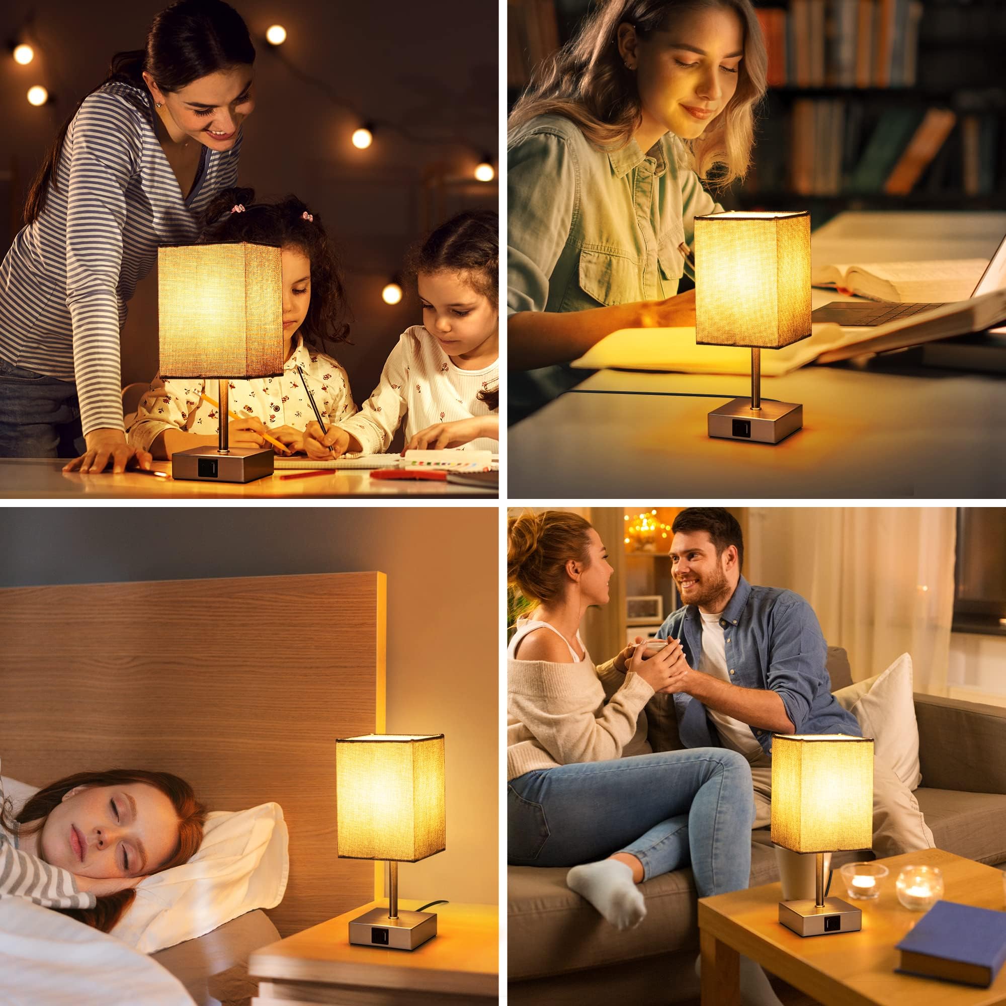 EDISHINE 2-Pack Dimmable Bedside Lamps with USB A+C Charging Ports, Touch Control Table Lamps for Bedroom & Living Room, Grey (LED Bulbs Included) - Perfect for Night Reading and Modern Home Decor