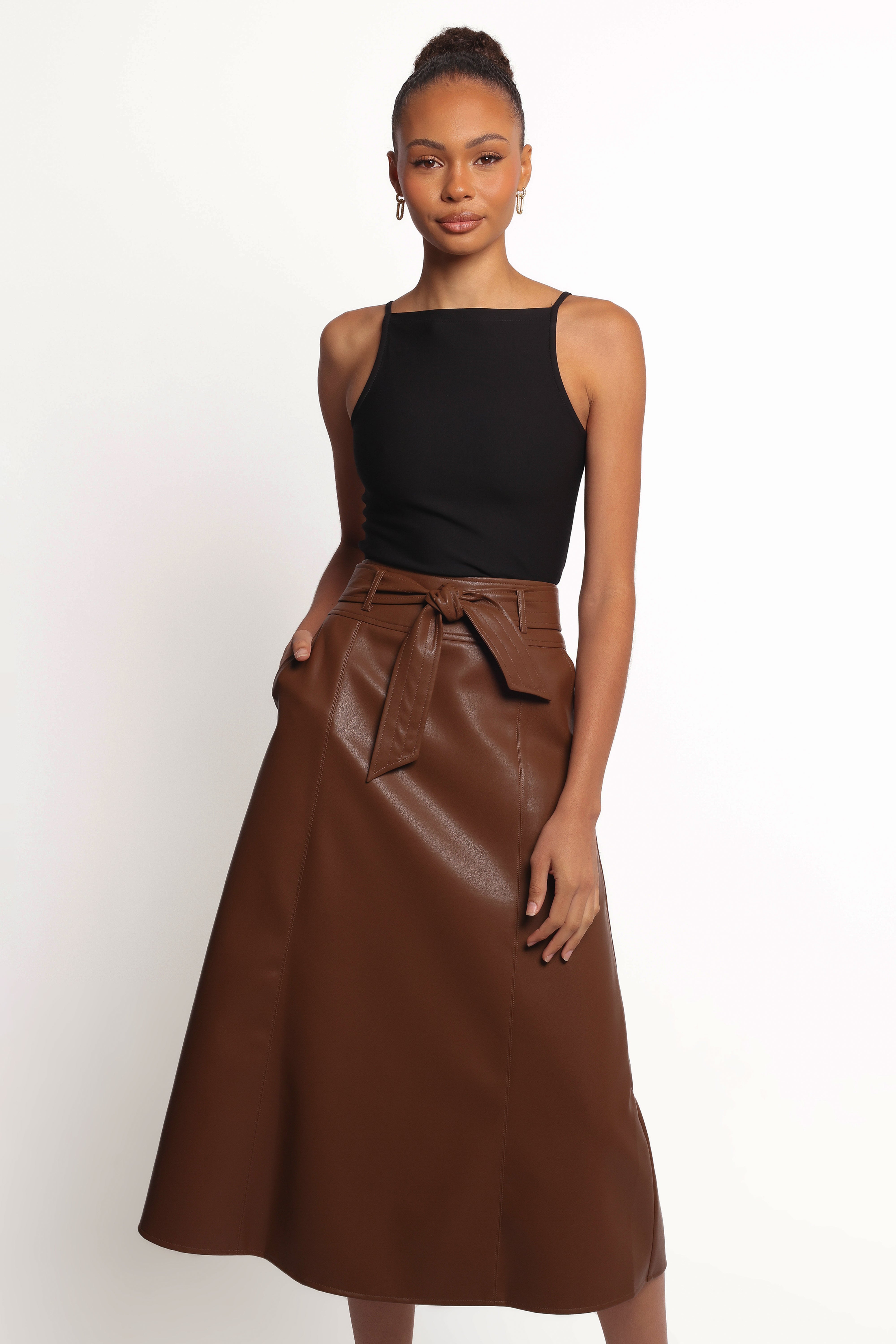 Adaline Faux Leather Midi Skirt for Women - Stretchy High Waist Pencil Skirt (Brown) - Perfect for Office, Date Night & Fall Fashion Outfits