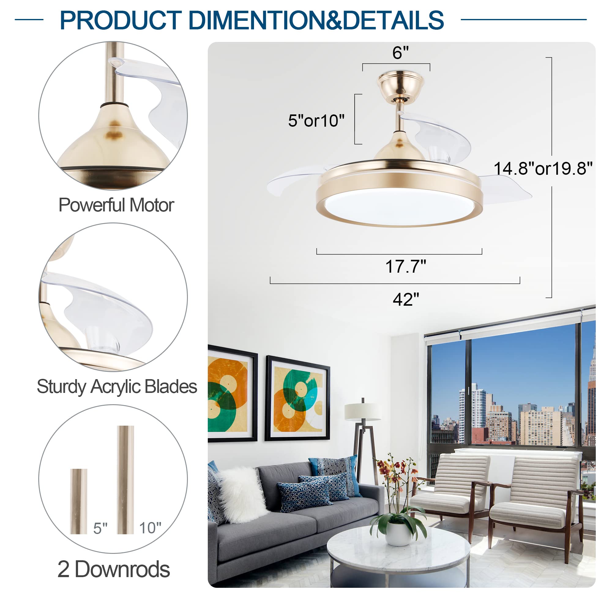 42 Inch Retractable Ceiling Fan with Lights and Remote Control - 3 Speed Settings, 3 Color Changing LED Lights, 4 Timer Modes, Ultra Quiet Motor, Gold Finish - Perfect for Living Room, Bedroom, and Office Spaces