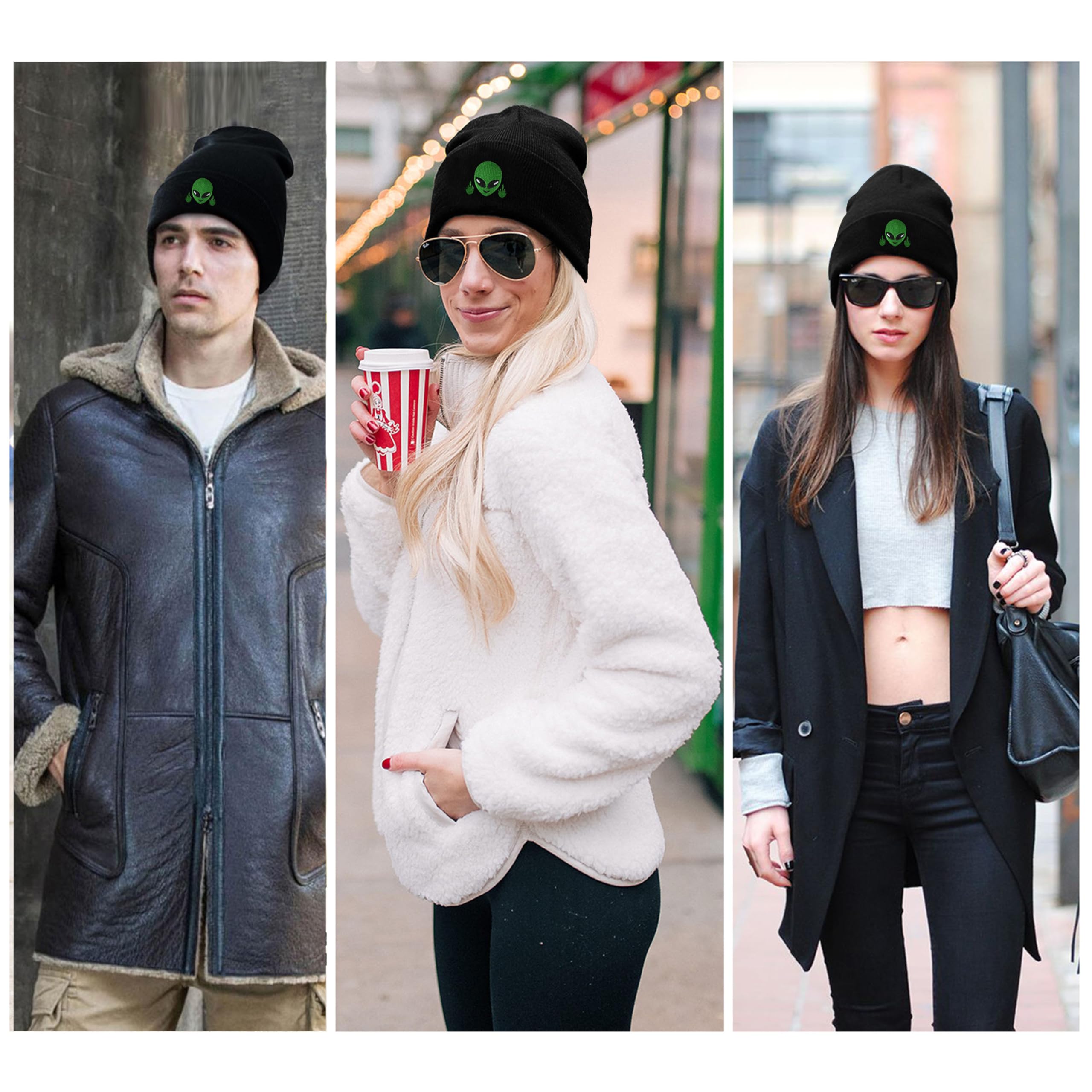 Black Alien Embroidered Beanie Hats for Men & Women - Winter Warm Knit Hat with Funny Alien Design - Unisex Skull Cap for Cold Weather - Perfect Gift for Sci-Fi Lovers (Great for Winter Sports, Outdoor Activities & Cosplay)