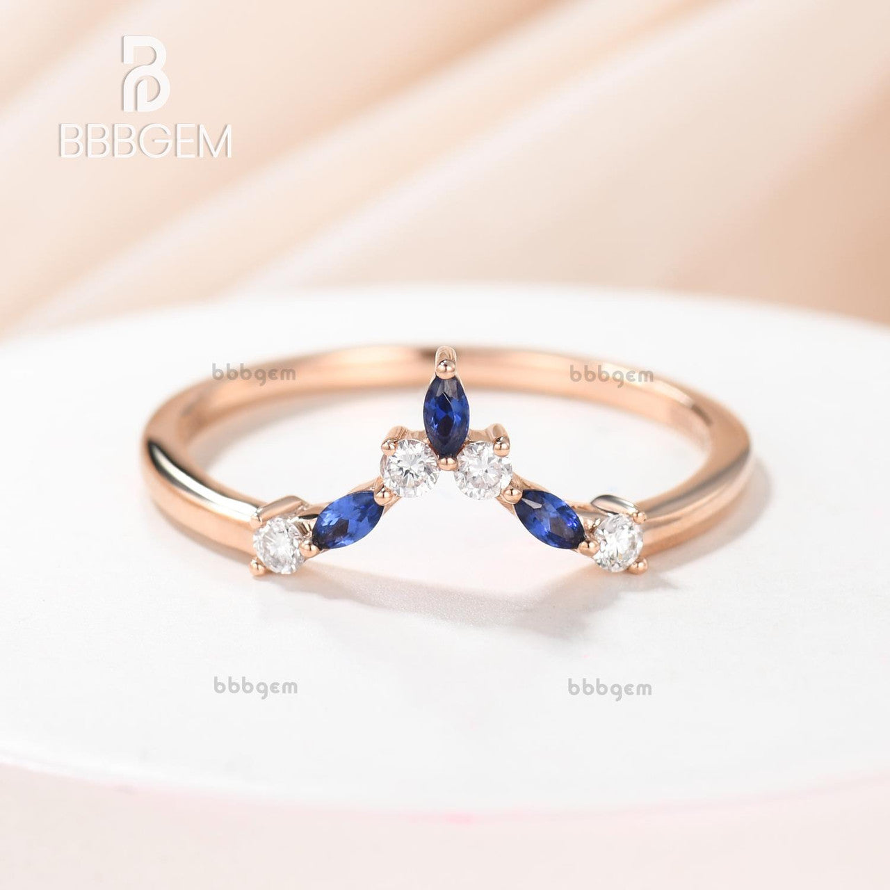 Rose Gold Diamond Sapphire Wedding Band - Curved V-Shaped Matching Ring Set for Women | Elegant Bridal Jewelry for Engagement, Anniversary & Special Occasions