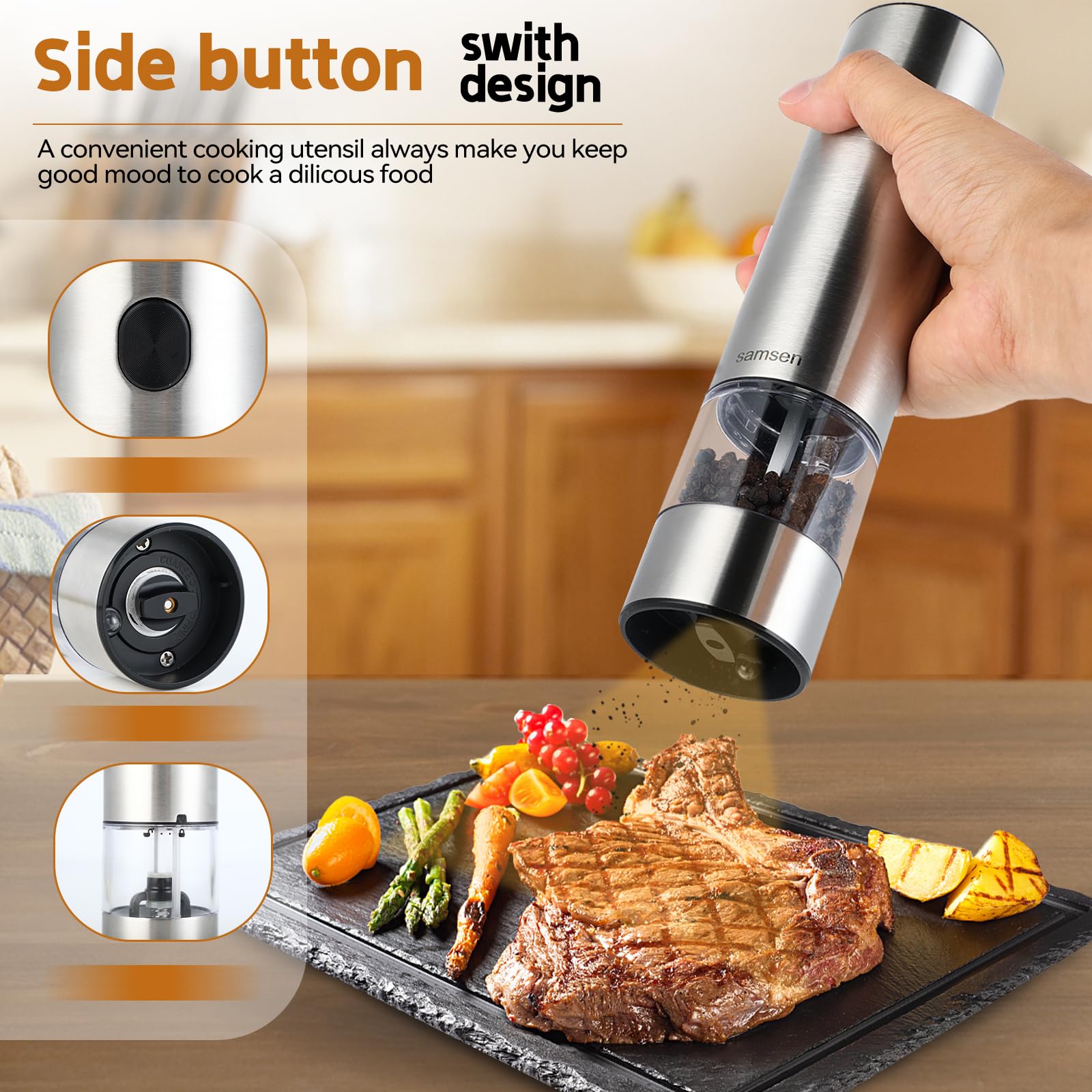 Premium Electric Pepper Grinder & Salt Mill - Adjustable Coarseness, Battery Powered, One-Hand Operation - Easy to Clean Kitchen Essential for Cooking, Grilling & Dining Table Use