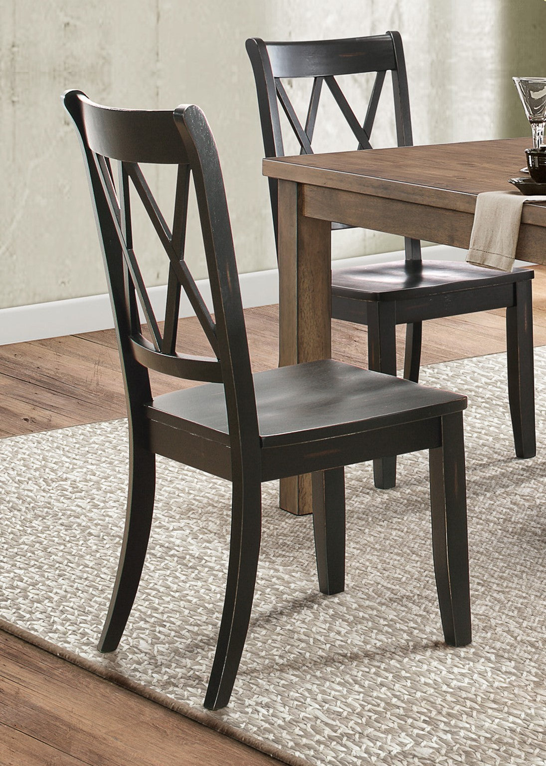Set of 2 Black X-Back Dining Chairs - Transitional Pine Veneer Side Chairs for Kitchen, Dining Room & Home Office | Comfortable Casual Seating for Family Meals & Entertaining