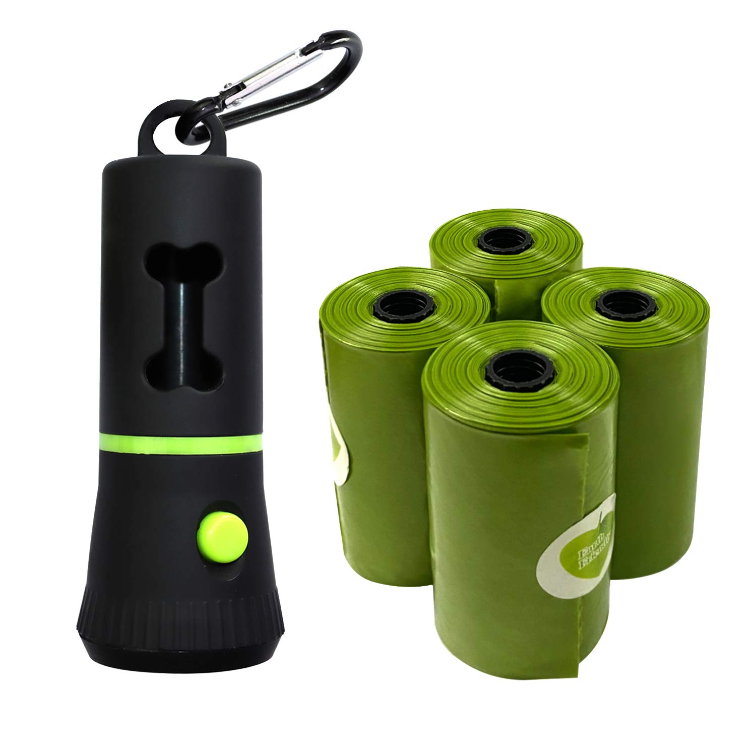 LED Flashlight Dog Poop Bag Dispenser with Leash Holder - 60 Waste Bags Included (15 Bags/Roll x 4) - Perfect for Night Walks, Car Travel & Baby Diaper Disposal - Never Step on Dog Waste Again