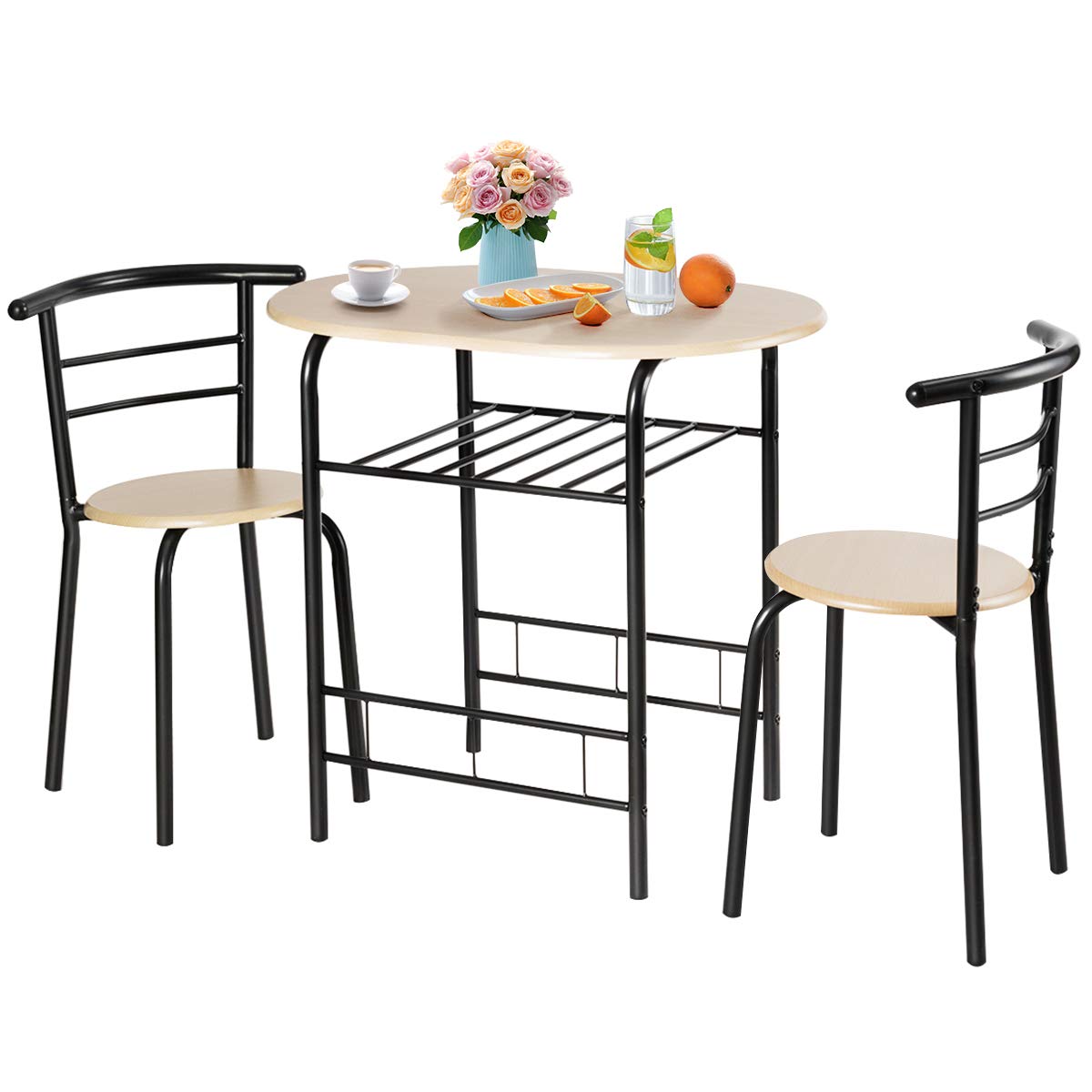 Harmony-Furniture 3-Piece Dining Table Set with Metal Frame & Storage Shelf - Compact Kitchen Table and Chairs in Natural & Black - Perfect for Small Spaces, Apartments, Restaurants, Cafés and Bistros
