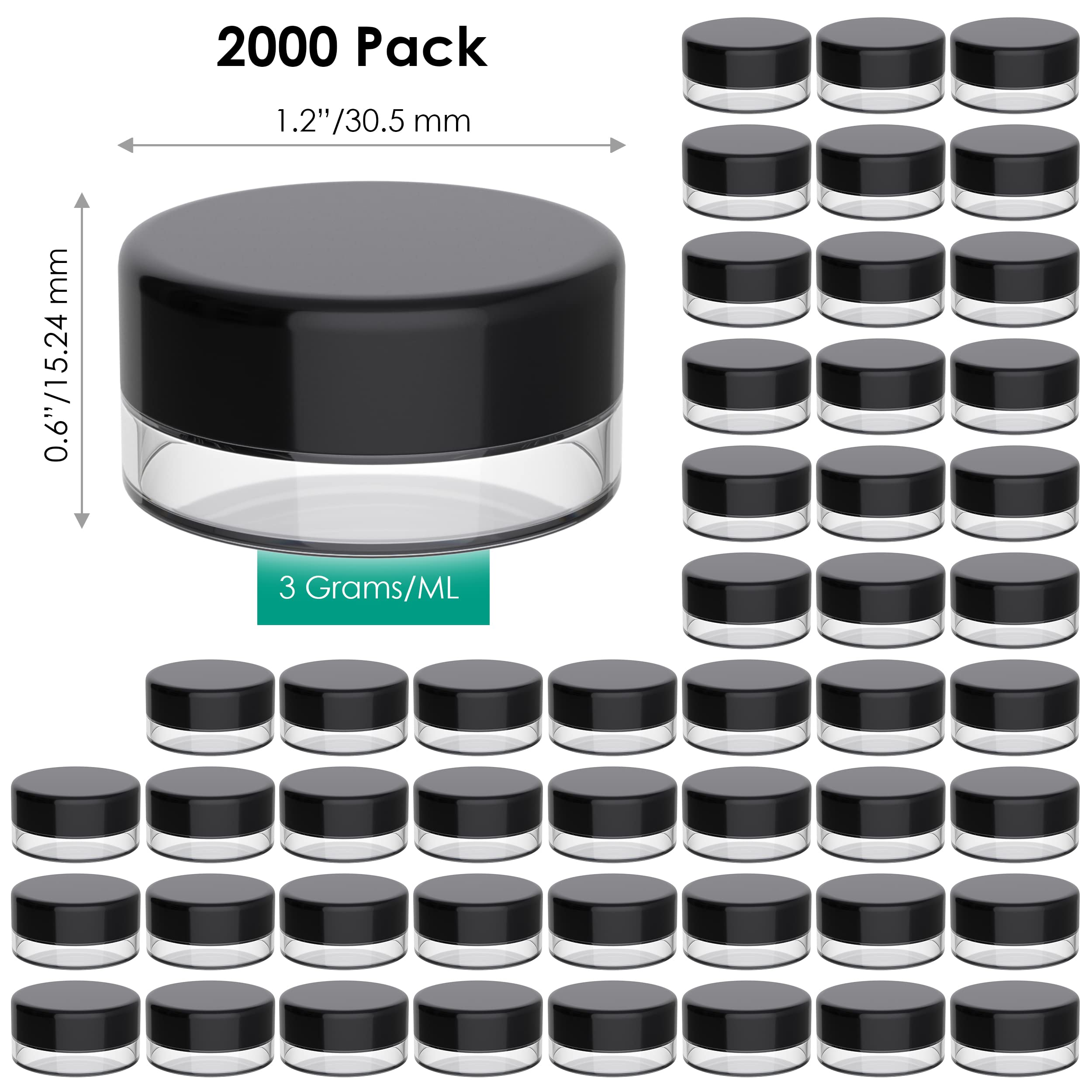 Houseables 3 Gram Empty Plastic Jars with Screw Cap Lids - 2000 Pack BPA-Free Small Round Containers for Cosmetics, Makeup, Eyeshadow, Nail Polish, Powder & Paint - Perfect for DIY Beauty Products, Travel Size Storage & Craft Supplies
