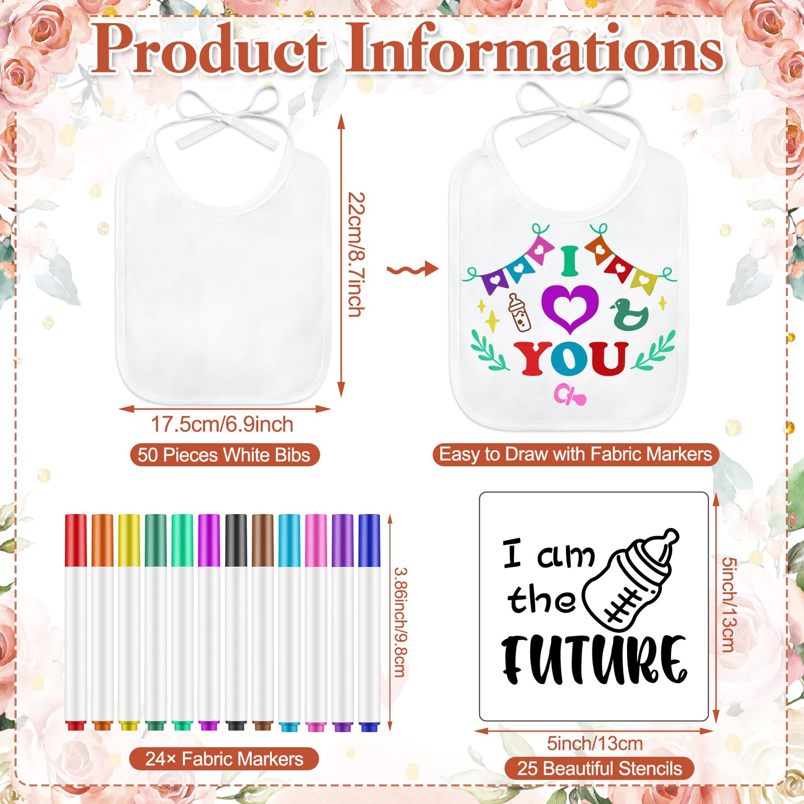 Panitay 100 Pcs DIY Baby Bibs Decorating Kit - 50 White Bibs, 25 Stencils, 24 Fabric Markers & Baby Shower Game Sign (Flower Design) for Creative Baby Shower Activities & Personalized Gift Making