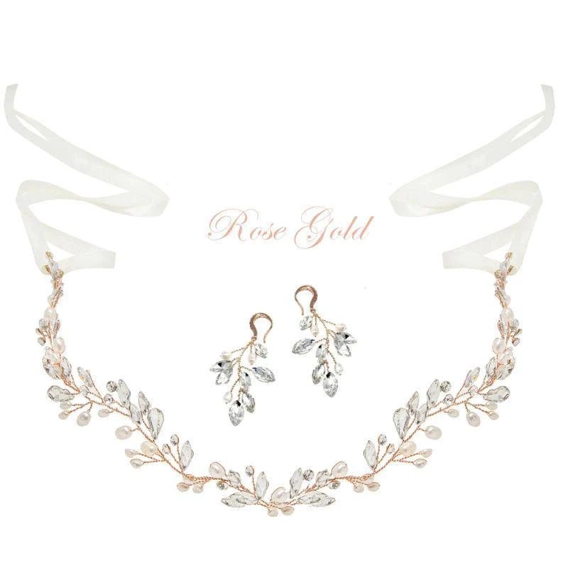 Rose Gold Crystal Hair Vine and Earring Set - Bridal Wedding Hair Accessories for Women, 7248 | Perfect for Bridesmaids, Prom, and Special Occasions