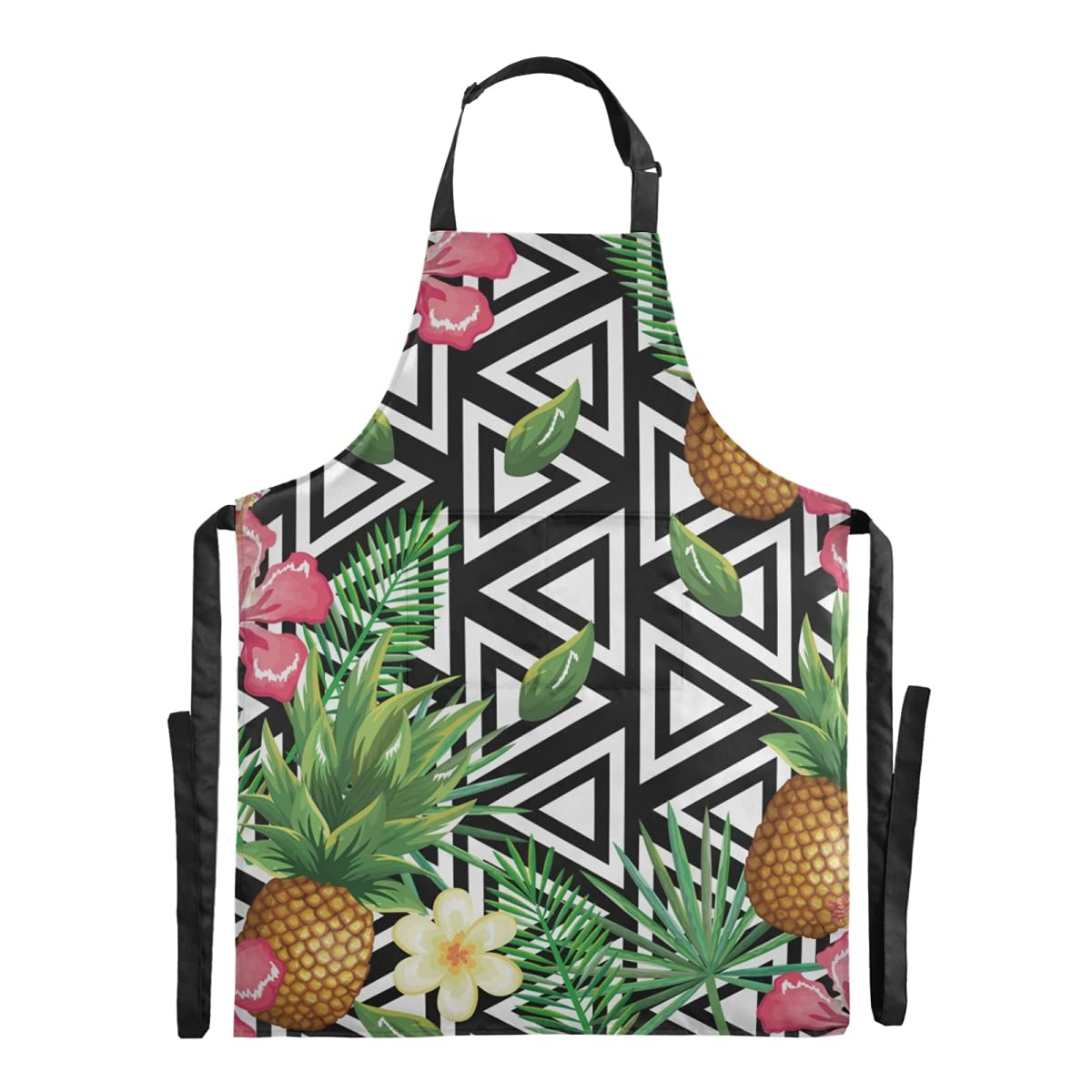 Waterproof Adjustable Tropical Flower Pineapple Stripe Bib Apron for Cooking, Gardening, Salon & Home Use - Funny Farmhouse Apron with Large Pockets for Adults & Stepdads