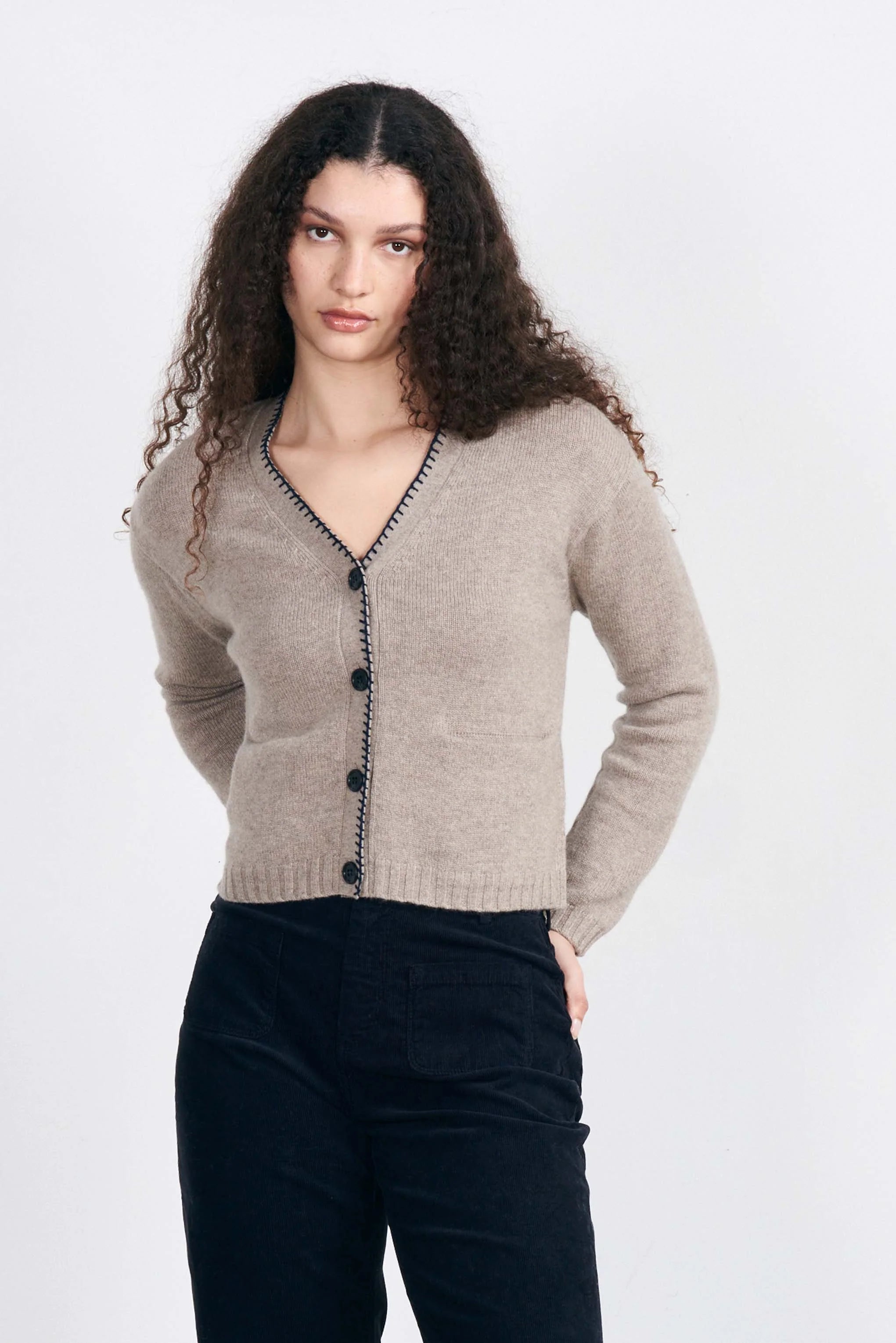 Soft Cashmere Blanket Stitch Cardigan Sweater - Light Brown & Navy Blue | Cozy Winter Wear for Women, Perfect for Home, Office & Travel