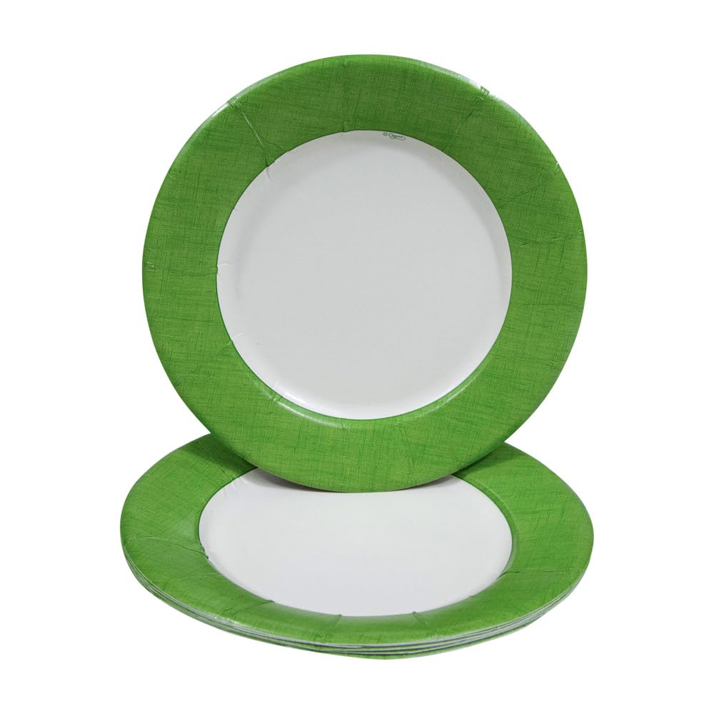 Caspari Moss Green Linen Border Paper Salad & Dessert Plates - Pack of 8 Elegant Disposable Plates for Parties, Picnics & Special Occasions (11371SP)