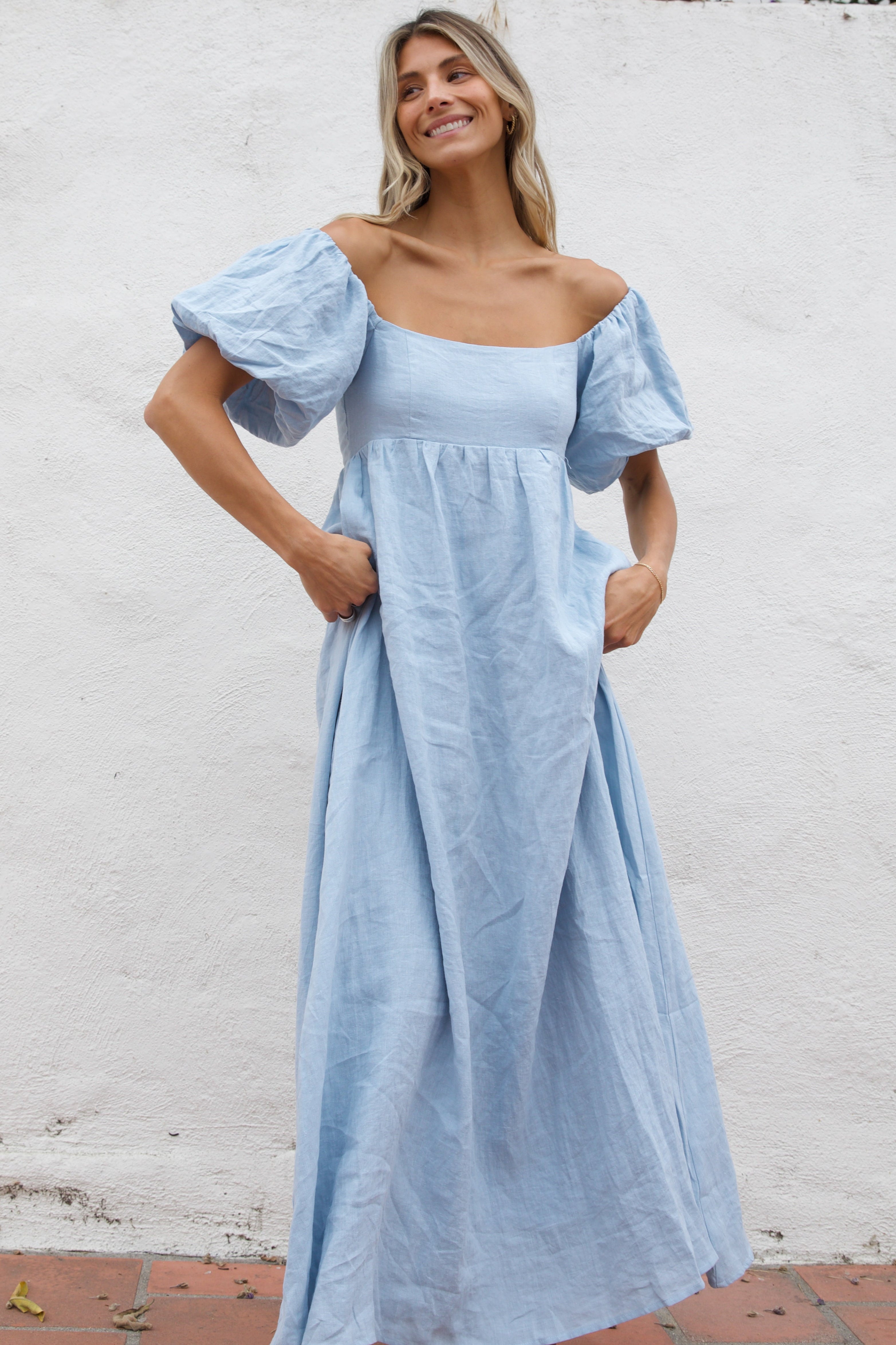 Candace Maxi Dress in Light Blue | 100% Linen Maternity Dress | Bump Friendly & Comfortable | Perfect for Summer, Beach, and Casual Outings