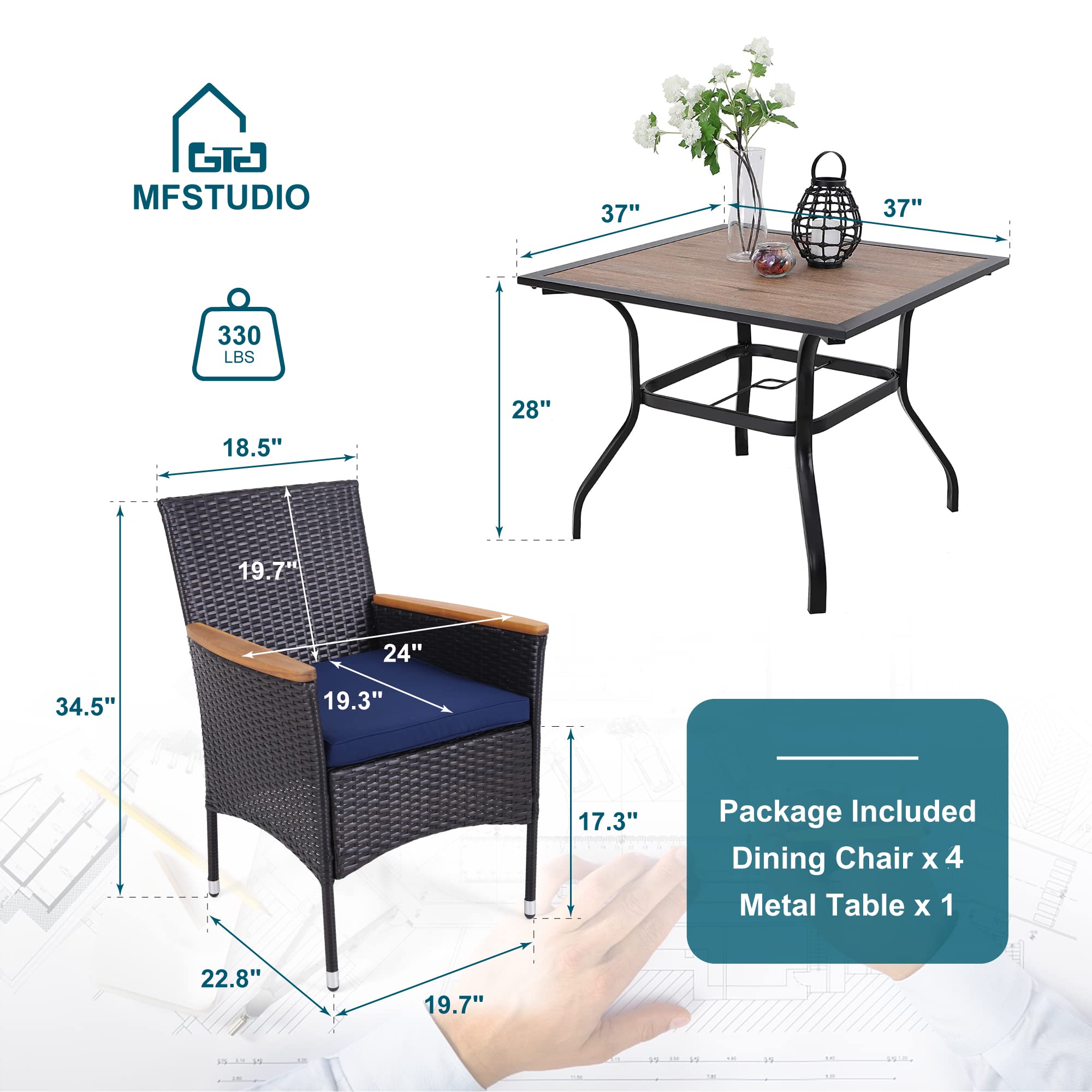 MFSTUDIO 5-Piece Outdoor Dining Set - Wood-Look Metal Table & 4 PE Wicker Chairs, Patio Furniture for Garden, Backyard, Poolside & Balcony Dining