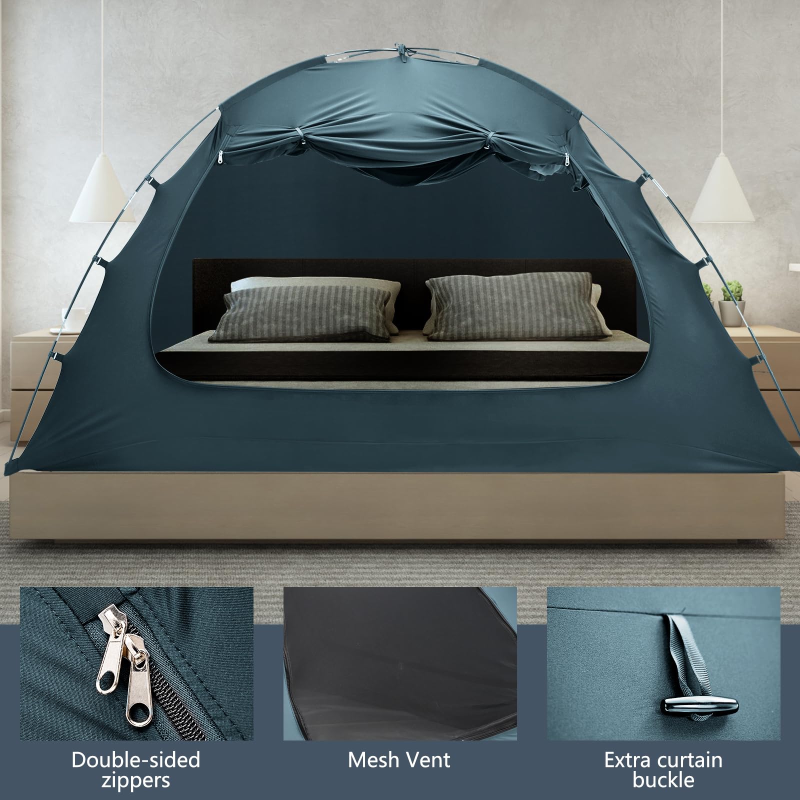 LILYPELLE Bed Tent for Adults - Portable Blackout Canopy with 3 Doors, Twin Size Bunk Bed Privacy Shelter (Blue) | Perfect for Camping, Kids' Sleepovers & Cozy Indoor Retreats