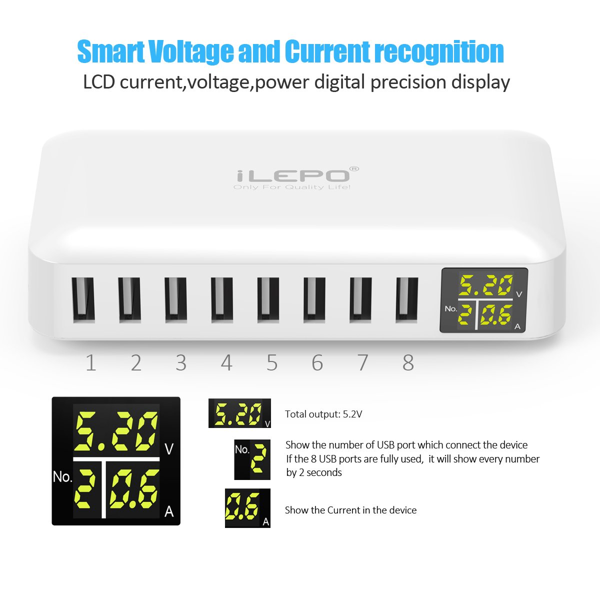 iLepo 8-Port USB Charging Station with LED Display - Fast Desktop Wall Charger for Multiple Devices (Laptops, Tablets, Phones) | Perfect for Home, Office & Travel Use