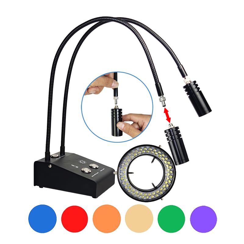 6W Microscope Dual LED Gooseneck Light with 6500K Adjustable Spot & 64-LED Ring Light - Perfect for Stereo Digital Camera, Solder, Phone Repair & Jewelry Inspection (Ideal for Precision Work & Hobbyists)