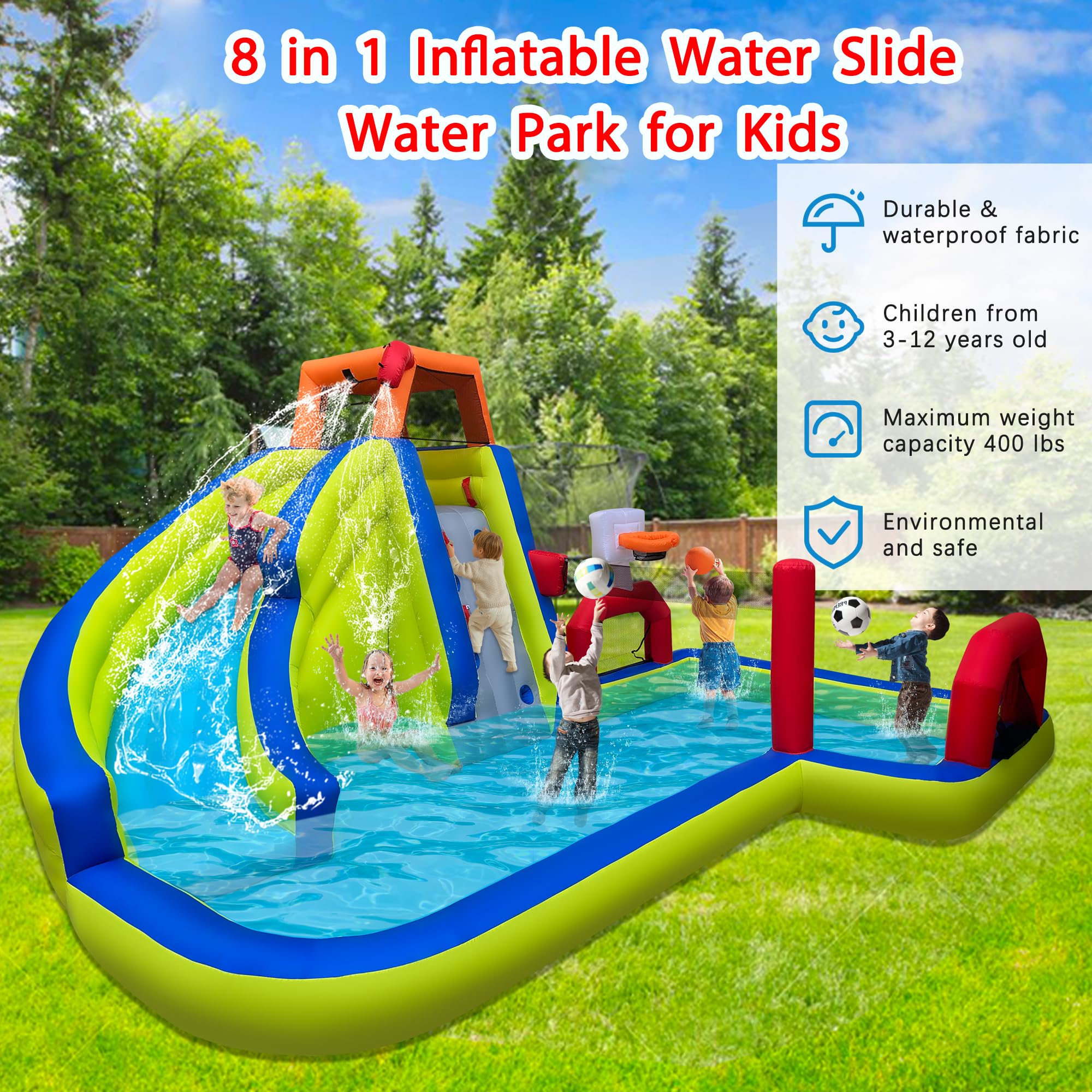**RETRO JUMP Inflatable Water Slide - 8-in-1 Kids Water Park Bounce House with Slide, Splash Pool, Climbing Wall, Basketball Rim, Soccer Field & Volleyball Area - Includes Blower - Perfect for Backyard, Summer Parties & Outdoor Fun**