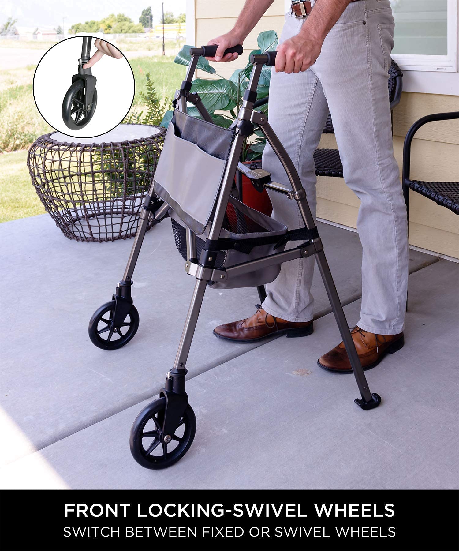 Signature Life Elite Travel Walker - Lightweight Folding Rolling Walker with Swivel Wheels for Adults & Seniors | Adjustable Height, Ski Glides & Storage Pouch | Ideal for Travel, Rehab & Daily Mobility Assistance