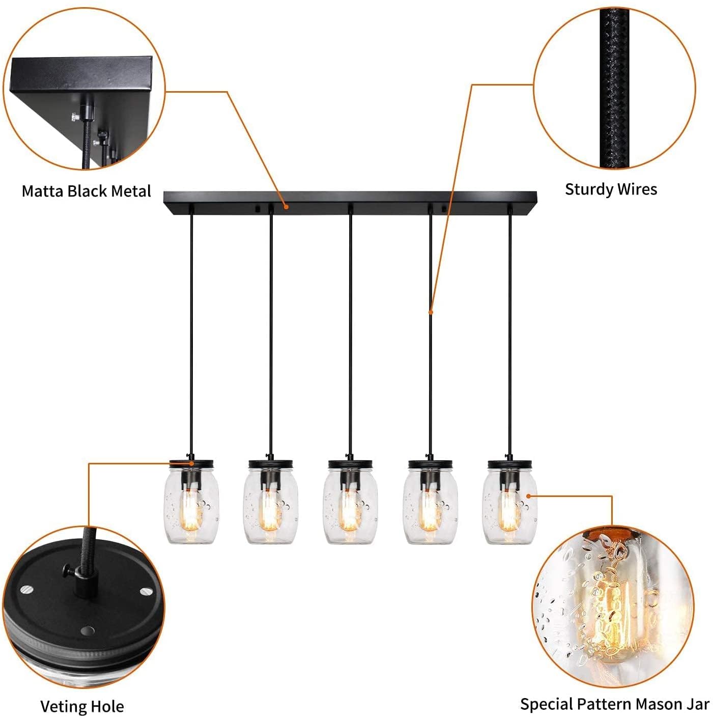 5-Lights Mason Jar Pendant Lighting - Farmhouse Glass Jar Ceiling Light Fixture for Kitchen Island, Dining Room, Farmhouse Decor - Perfect for Barn, Hallway & Stairway Lighting