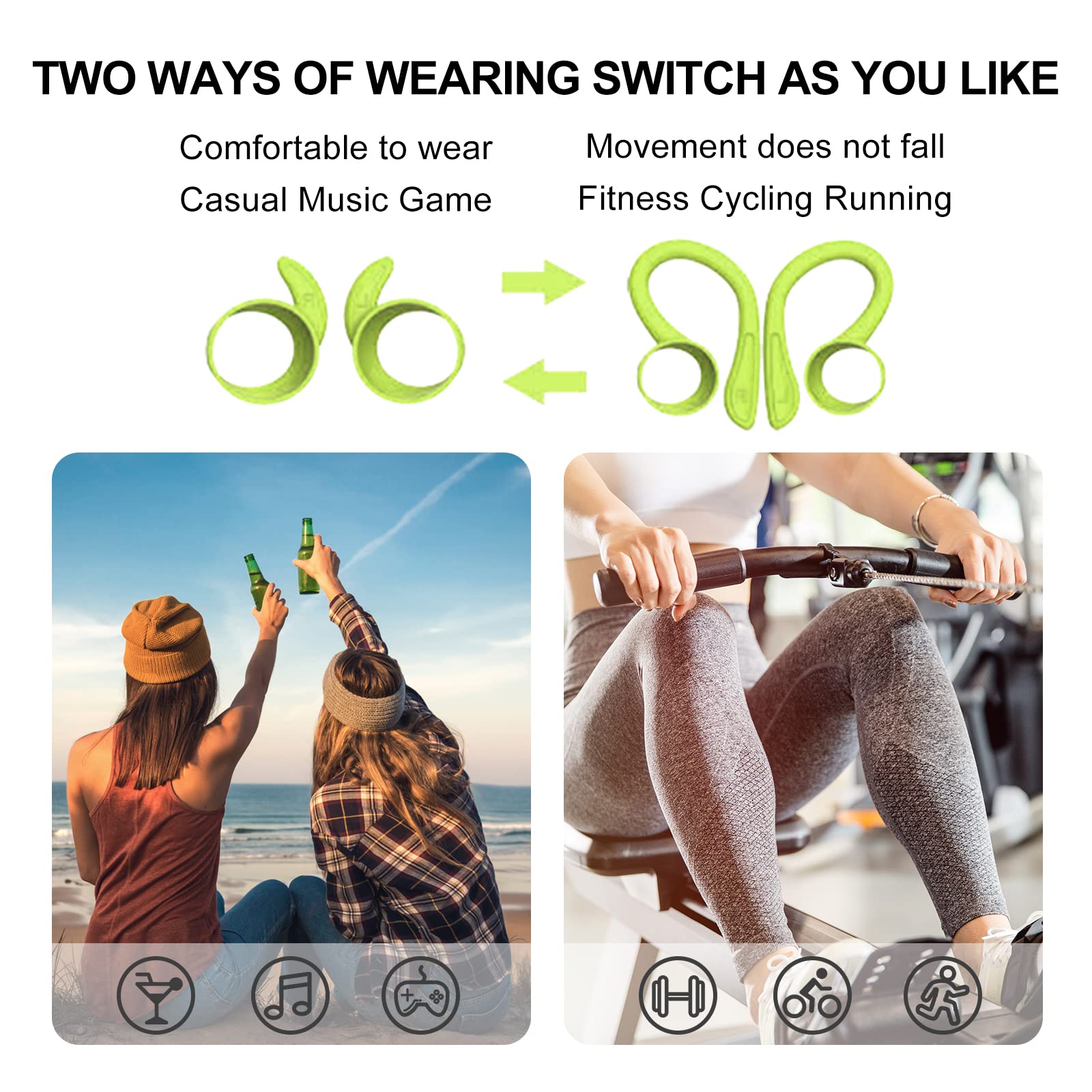Wireless Bluetooth Earbuds with Ear Hooks - Green Over-Ear Headphones, Waterproof Sport Earphones with Noise Cancellation for Running, Gym, Workout - Perfect for Android Users & Active Lifestyles