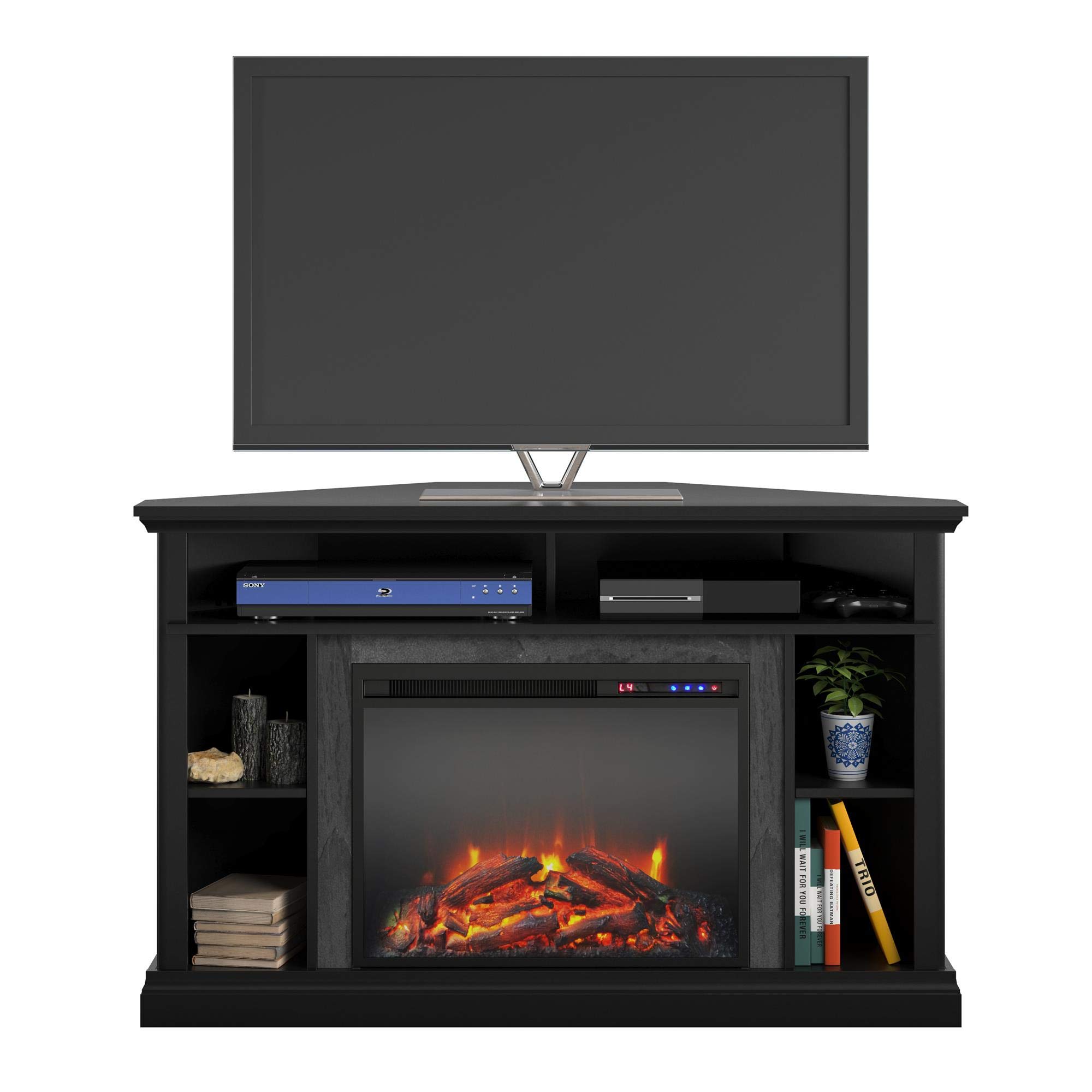 Ameriwood Home Overland 50 Inch TV Stand with Electric Fireplace Insert - Black | Remote Control, Timer, Realistic Flame Effect | Perfect for Living Room, Bedroom & Home Theater Setup