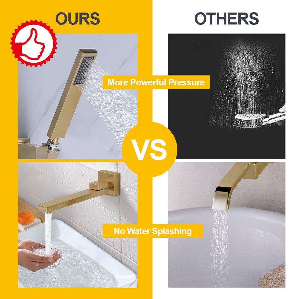 Solid Brass Wall Mounted Bathtub Faucet with 180° Swivel Handheld Shower - Modern Single Handle Bathroom Tub Filler Set in Brushed Gold Finish | Perfect for Spa-Like Bathing Experience and Small Bathroom Spaces