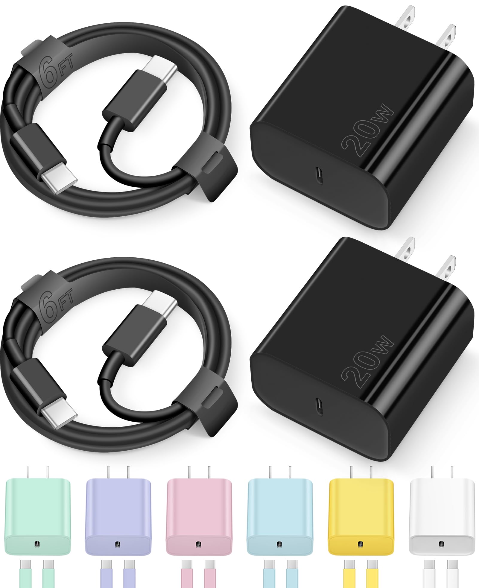 Fast Charging USB C Charger Block for iPhone 16/15 Series & Samsung - 2 Pack 6FT Type C Cable Included - Perfect for Home, Office & Travel (Black)