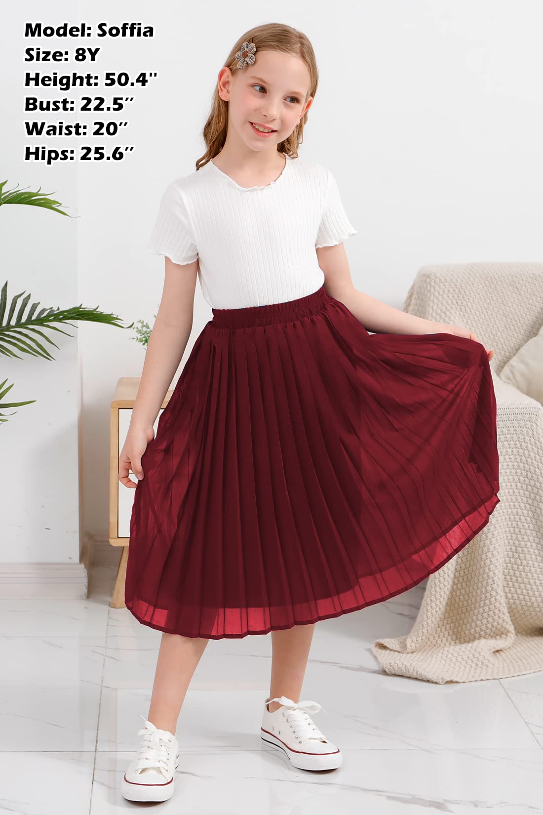 GORLYA Girls Chiffon Pleated High Waist A-Line Boho Maxi Skirt with Elastic Waistband - Sizes 4-14T - Perfect for Beach Vacations, Summer Parties & Boho Fashion Outfits