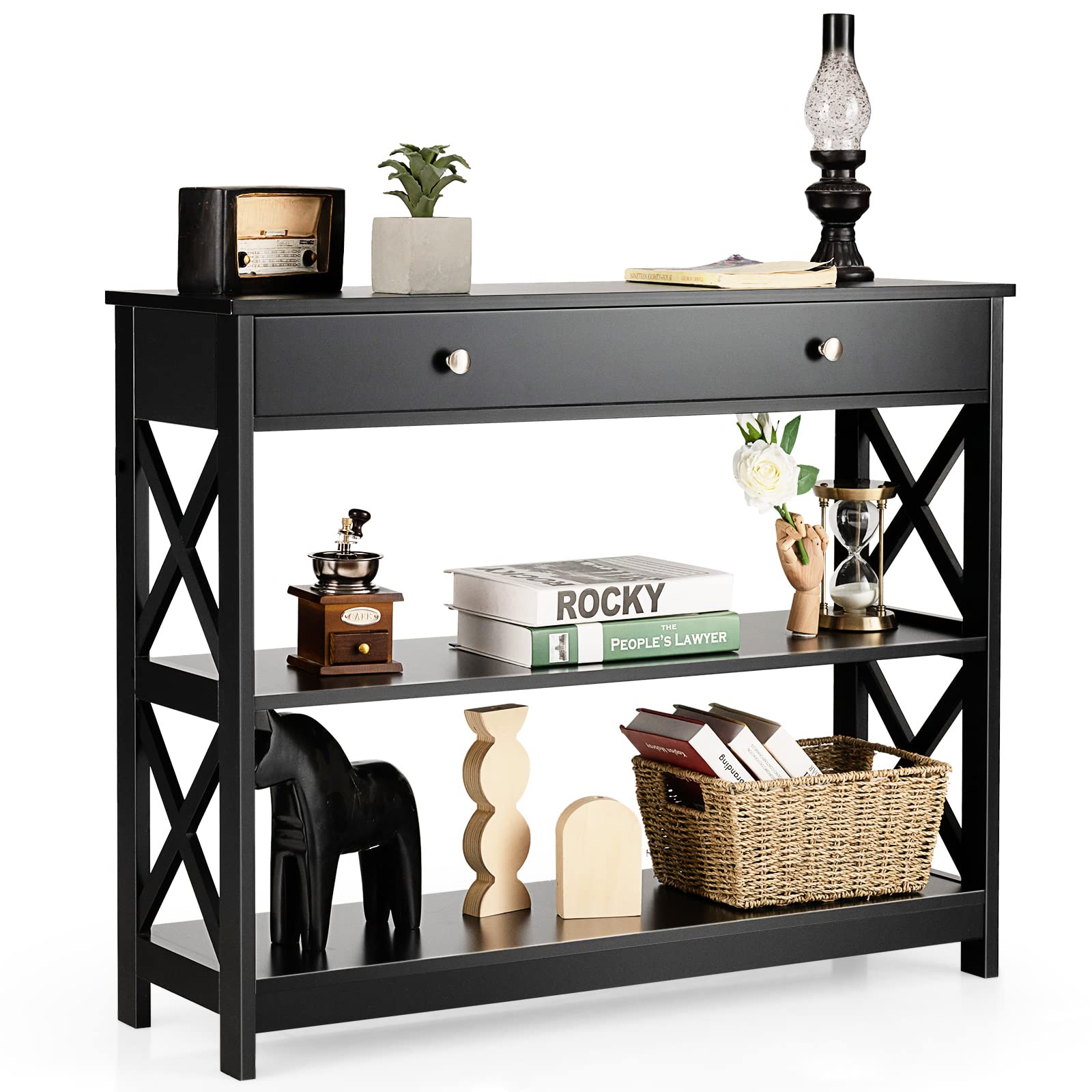 Giantex 3-Tier Console Table with Drawer & Storage Shelves - X-Design Entryway Table for Hallway, Living Room & Bedroom - Perfect Sofa Side Table (Black) - Ideal for Small Space Organization & Home Decor