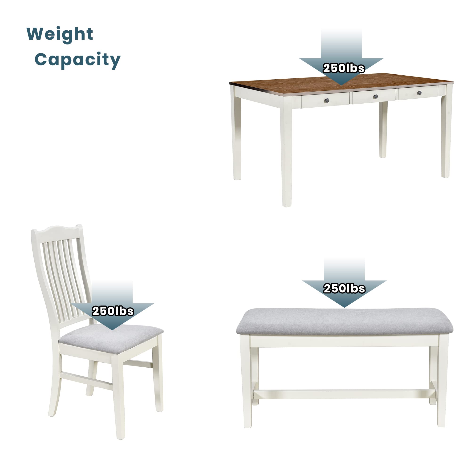 Merax Mid-Century 6-Piece Wood Dining Table Set with Storage Drawer, 4 Upholstered Chairs & Bench in Butter Milk - Perfect for Small Space Dining Rooms, Breakfast Nooks & Modern Farmhouse Decor